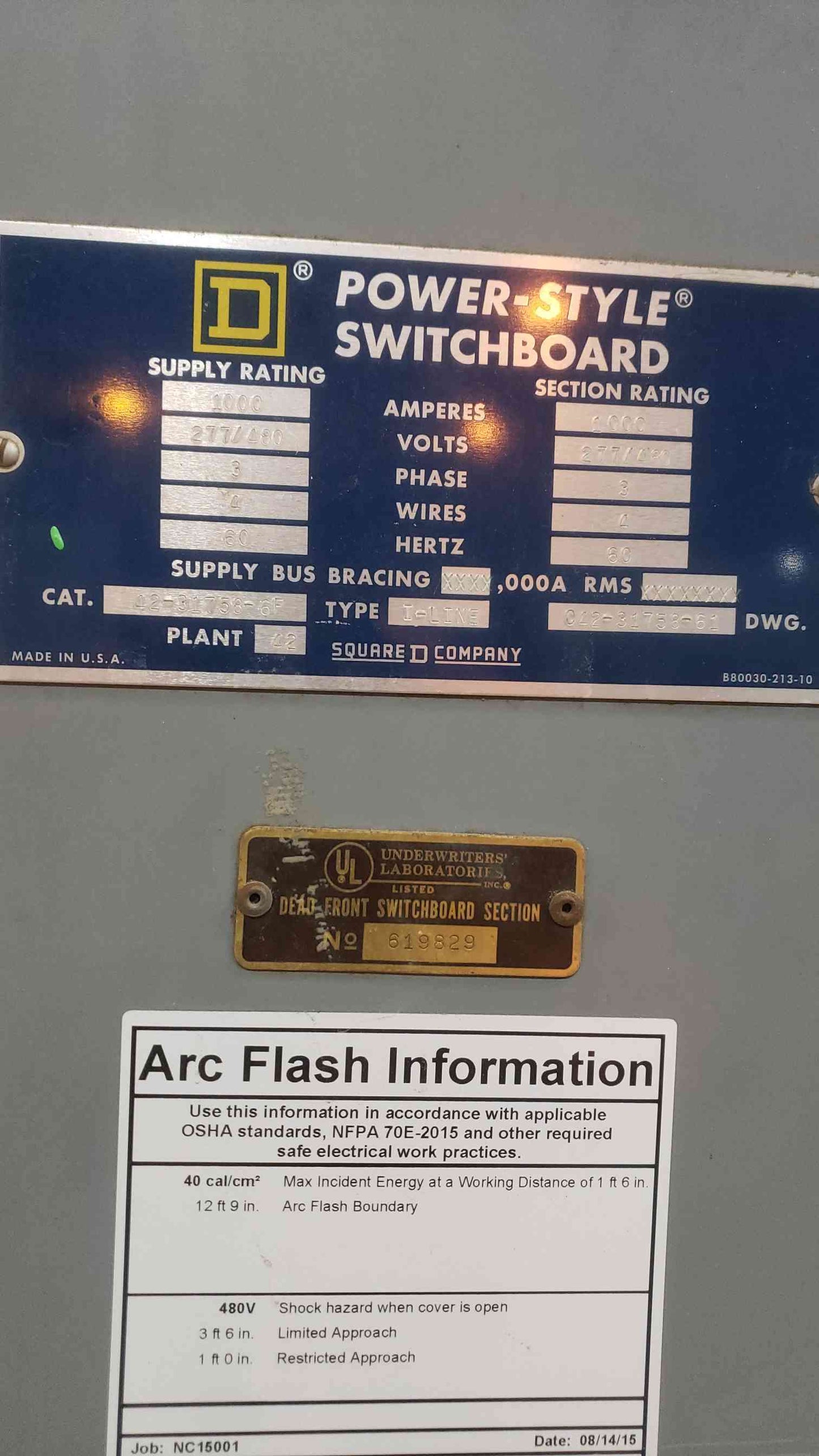 SQUARE D 1000A 277/480V Power-Style Breaker Switchboard Missing Side Covers 1 Main & 3 Dist Breakers (SKU: 111254)