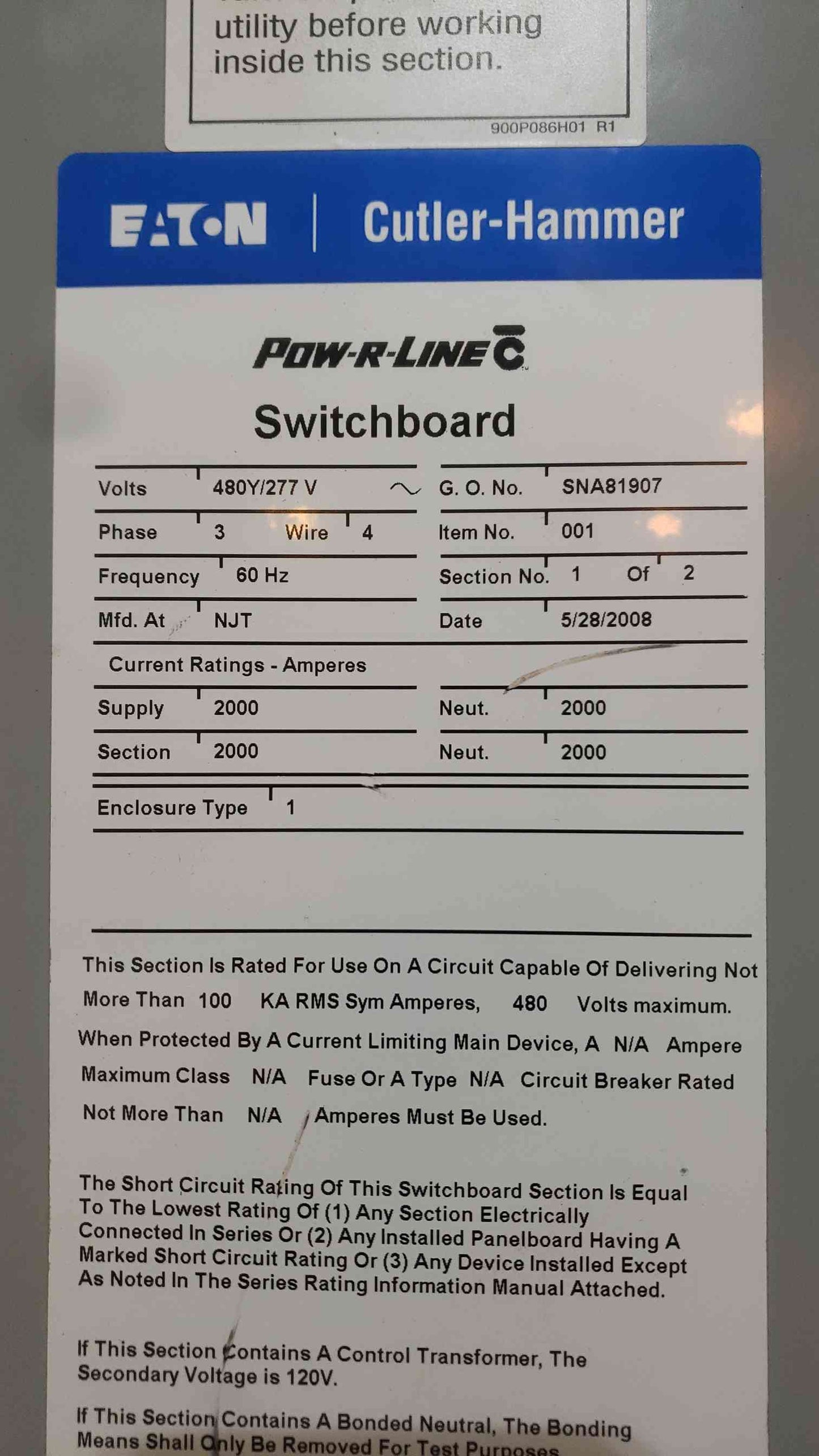 2000A Cutler-Hammer POW-R-LINE C 480Y/277V SWITCHBOARD w/ 8x NDC100K Breakers 2 Sections (SKU: 111270)