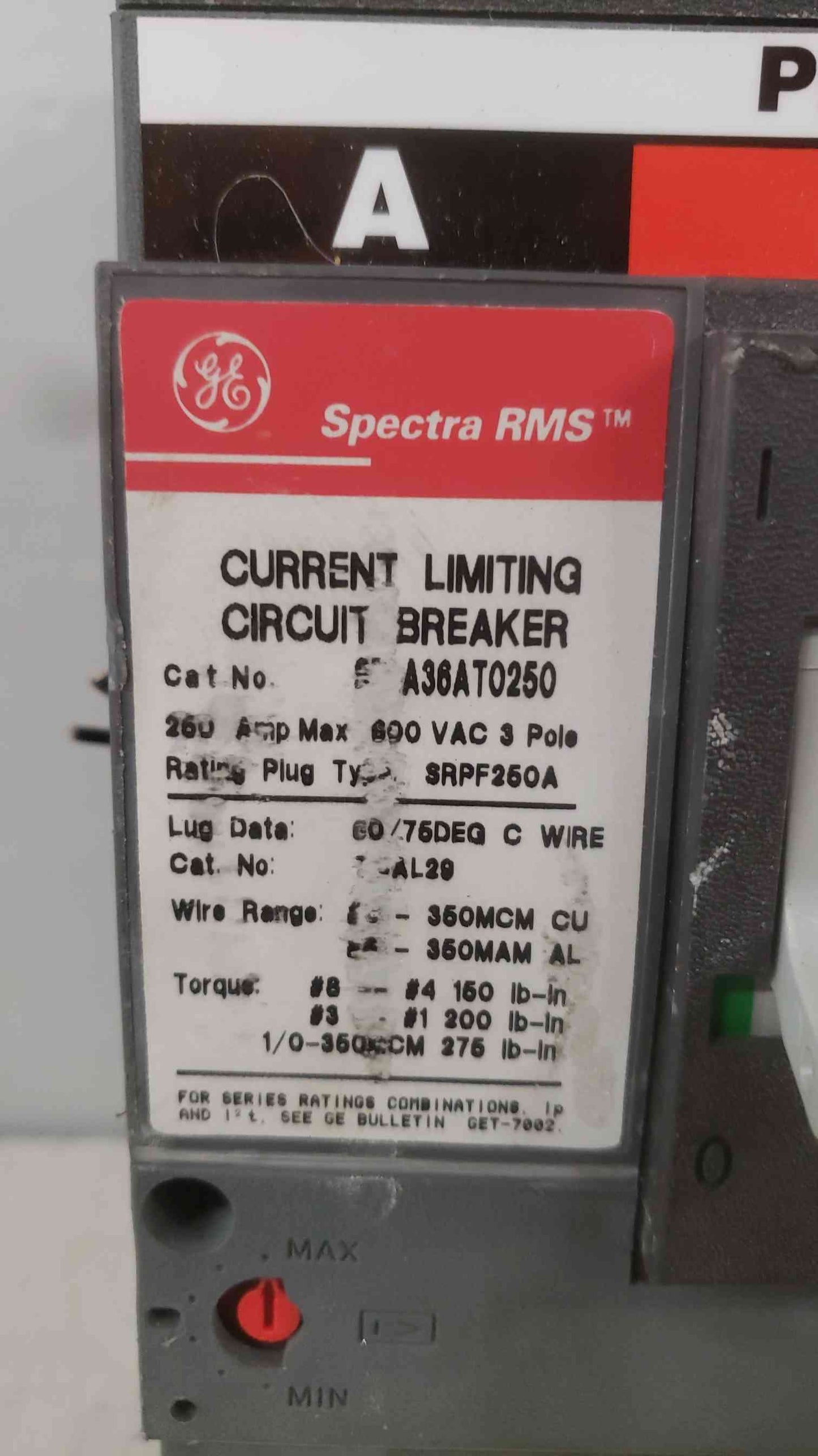 GE 250A 600VAC 3 Pole Breaker SFLA36AT0250 250A Trip