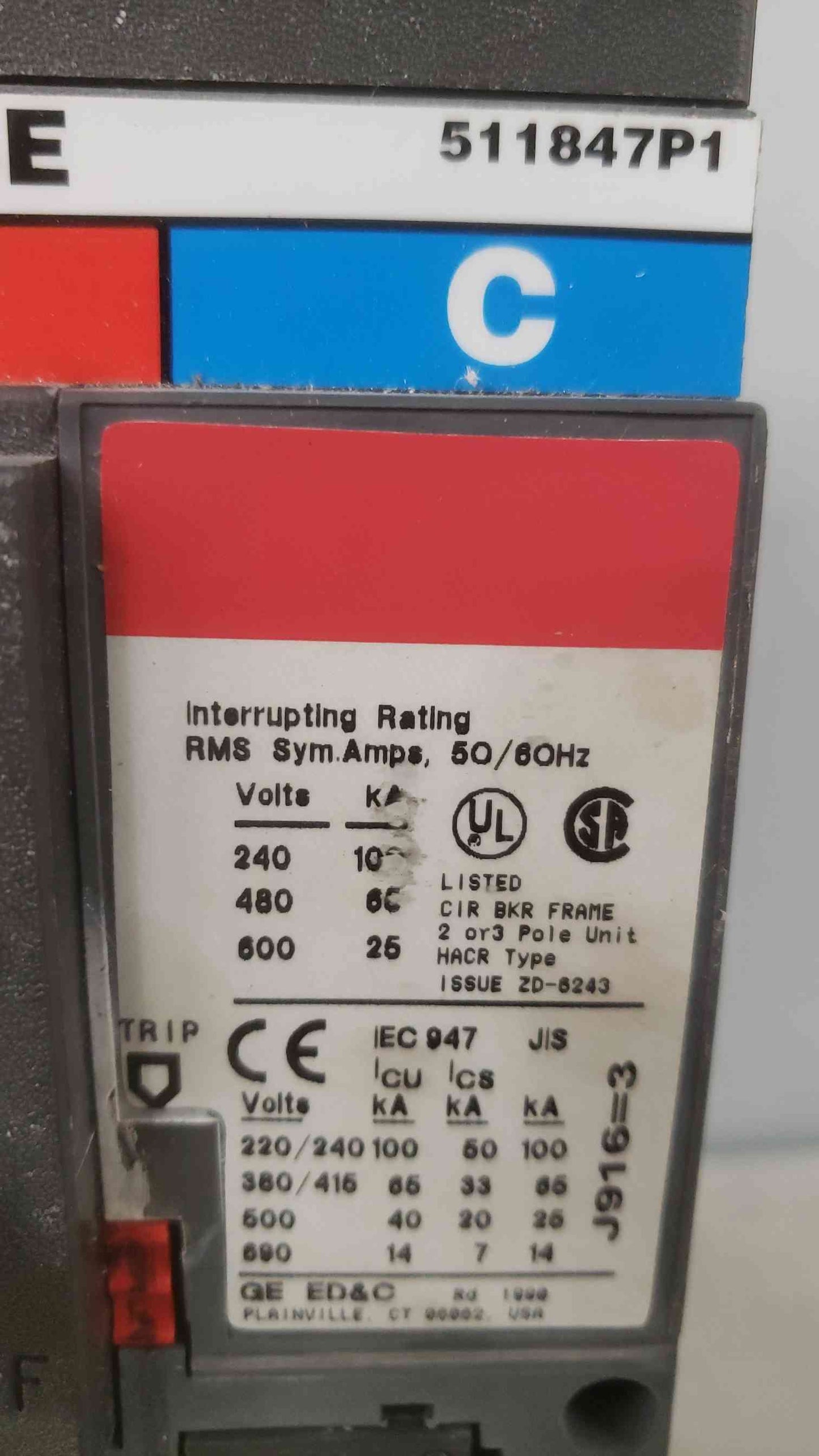 GE 250A 600VAC 3 Pole Breaker SFLA36AT0250 250A Trip