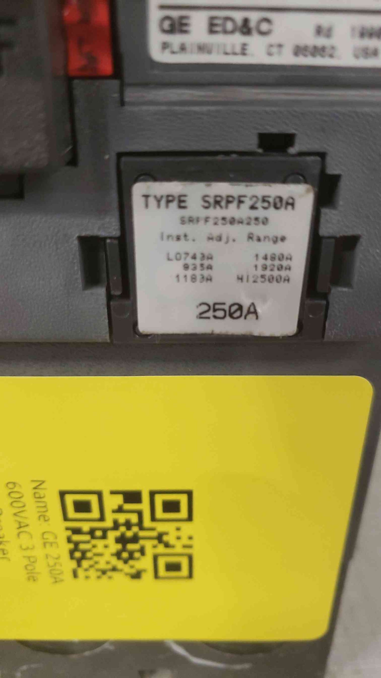 GE 250A 600VAC 3 Pole Breaker SFLA36AT0250 250A Trip