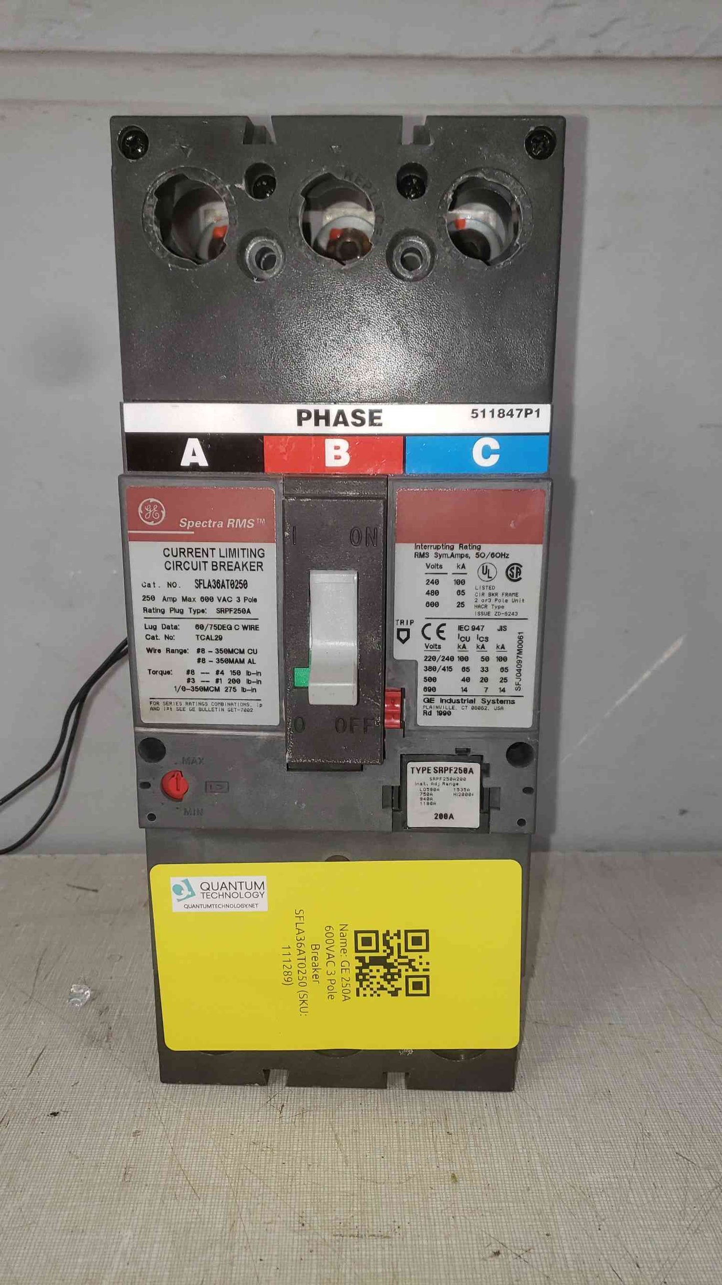 GE 250A 600VAC 3 Pole Breaker SFLA36AT0250 200A Trip