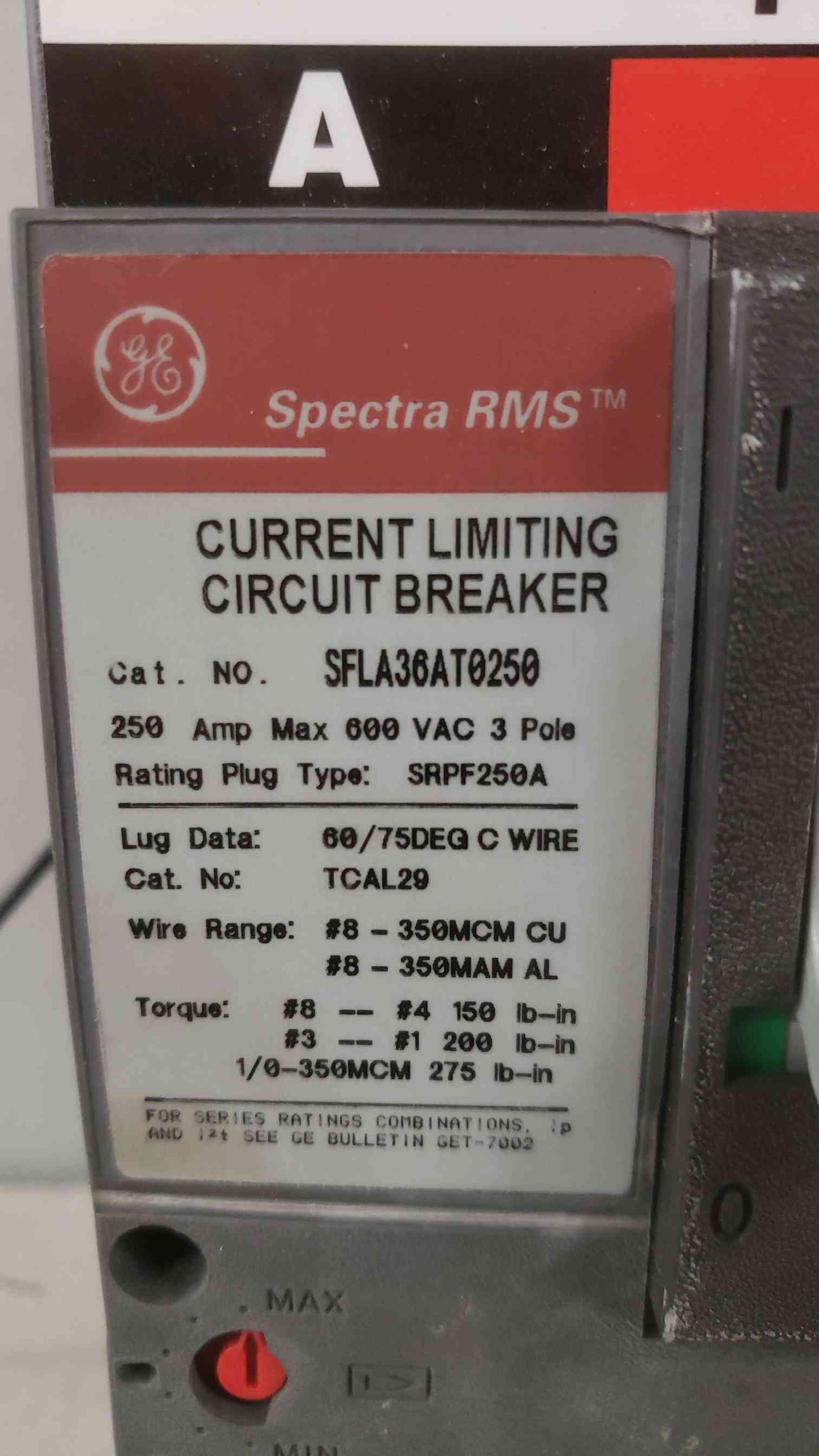 GE 250A 600VAC 3 Pole Breaker SFLA36AT0250 200A Trip