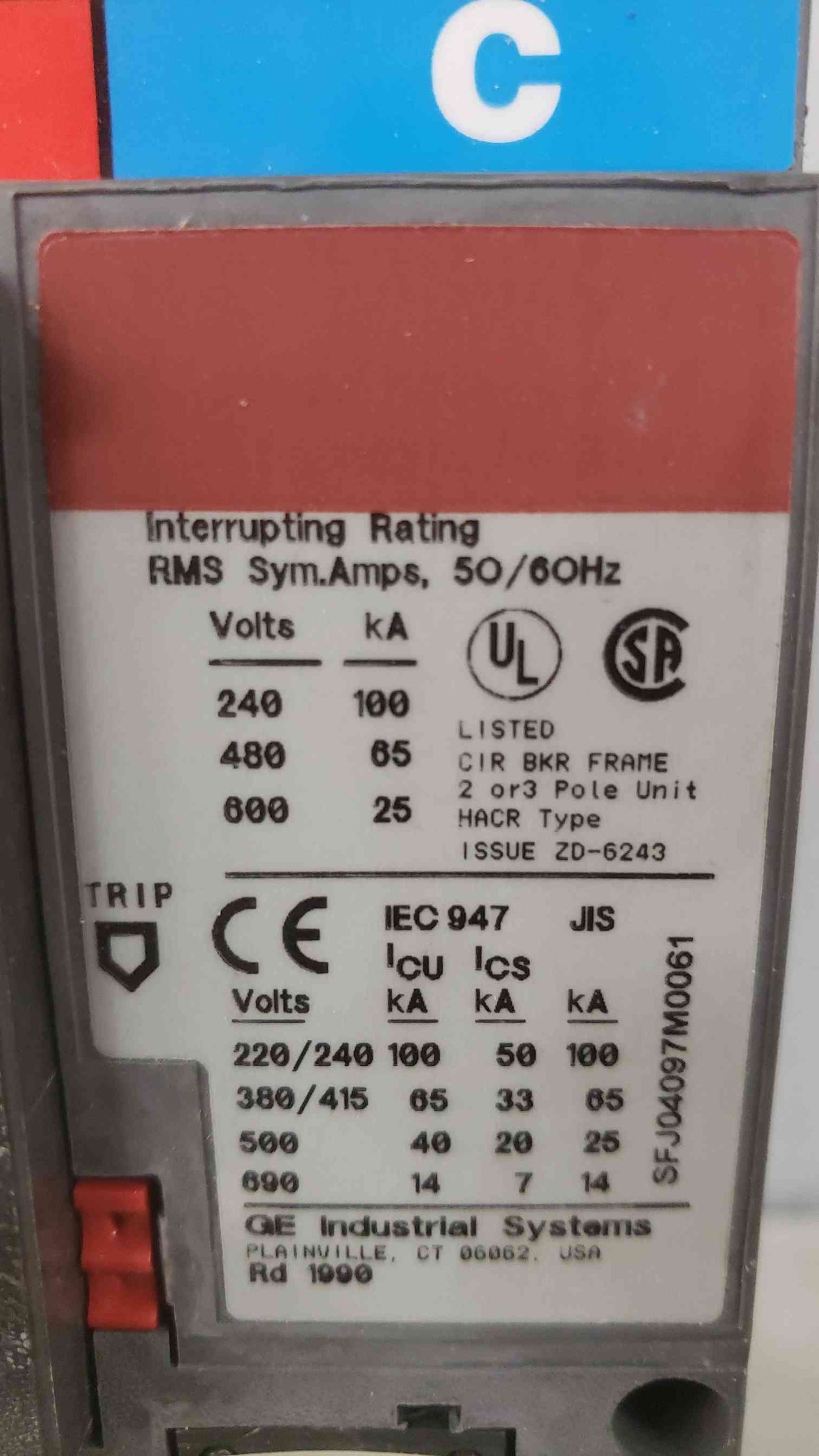 GE 250A 600VAC 3 Pole Breaker SFLA36AT0250 200A Trip