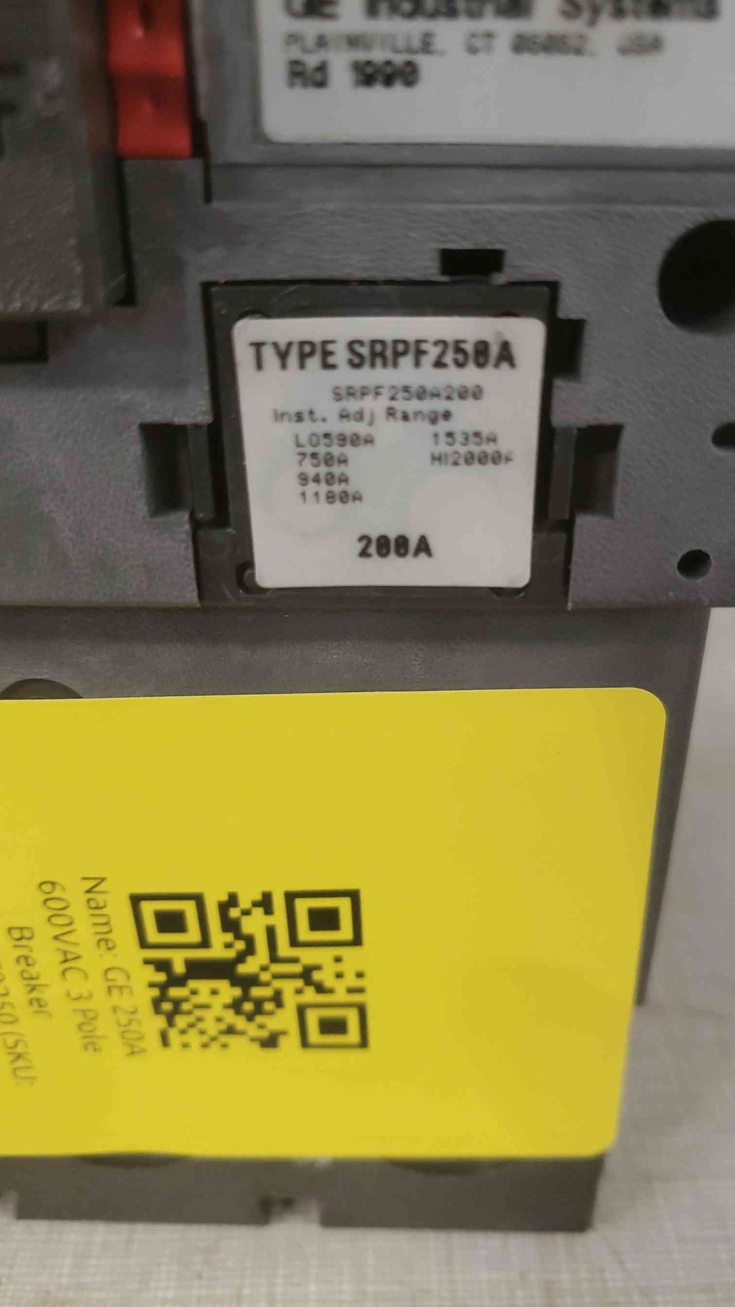 GE 250A 600VAC 3 Pole Breaker SFLA36AT0250 200A Trip