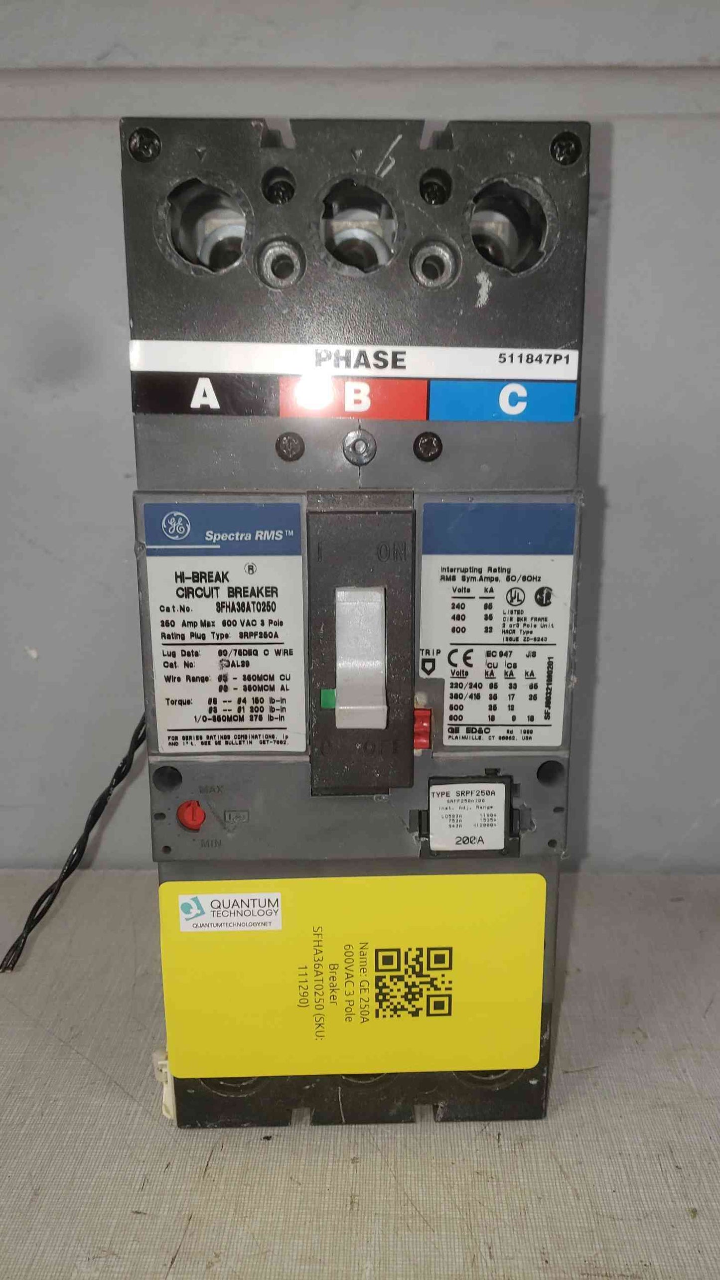 GE 250A 600VAC 3 Pole Breaker SFHA36AT0250 200A Trip