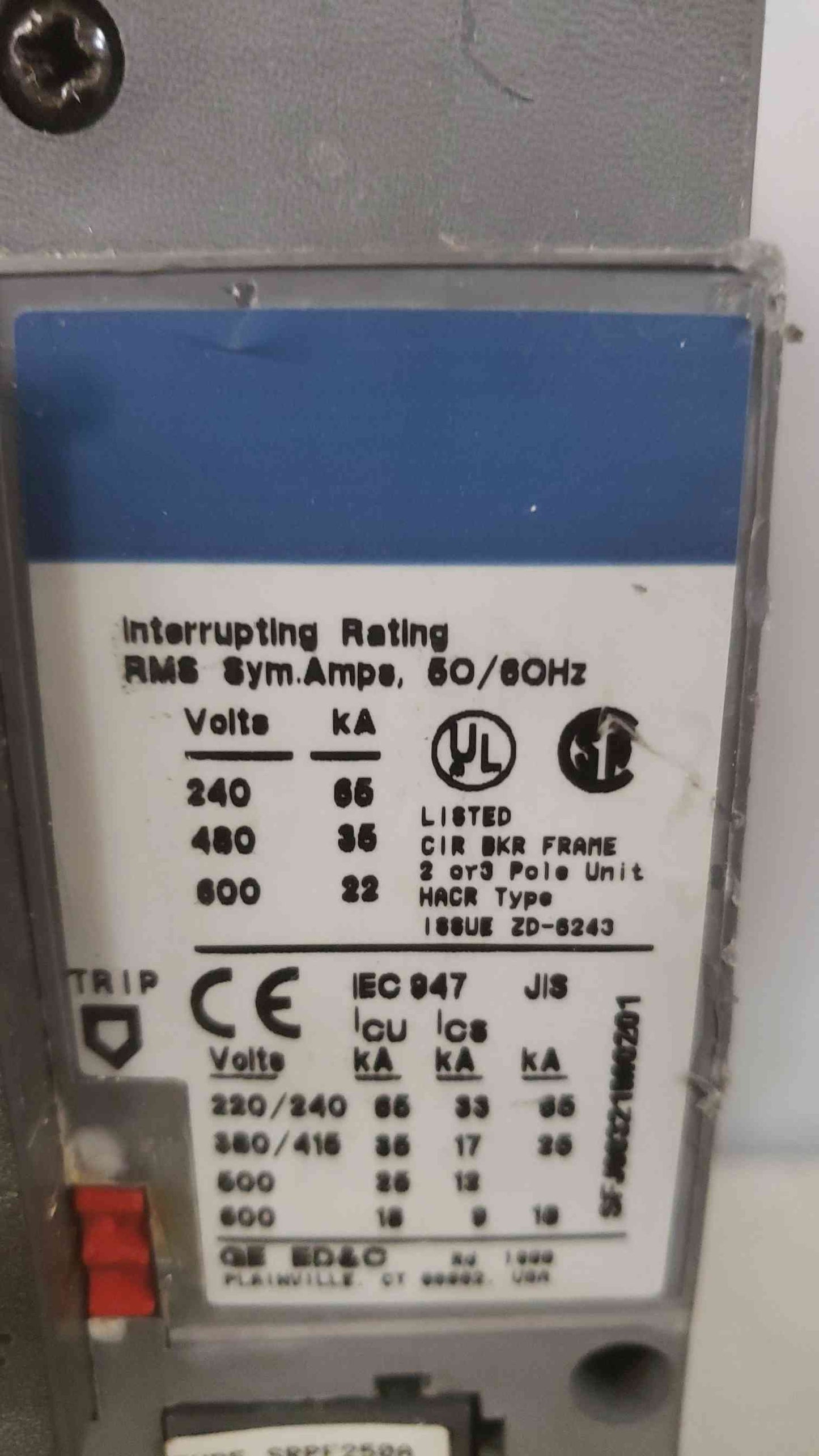 GE 250A 600VAC 3 Pole Breaker SFHA36AT0250 200A Trip