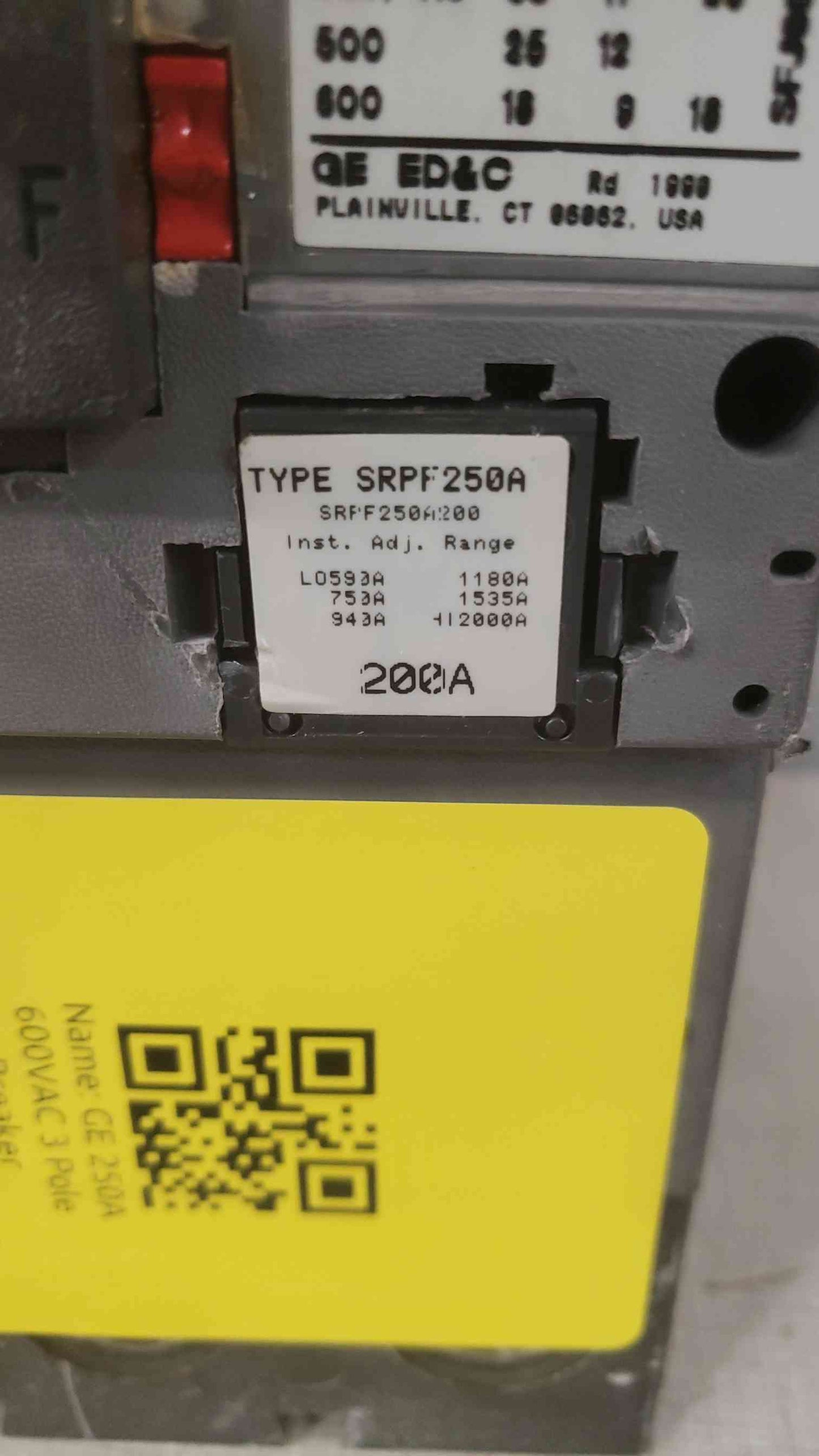 GE 250A 600VAC 3 Pole Breaker SFHA36AT0250 200A Trip