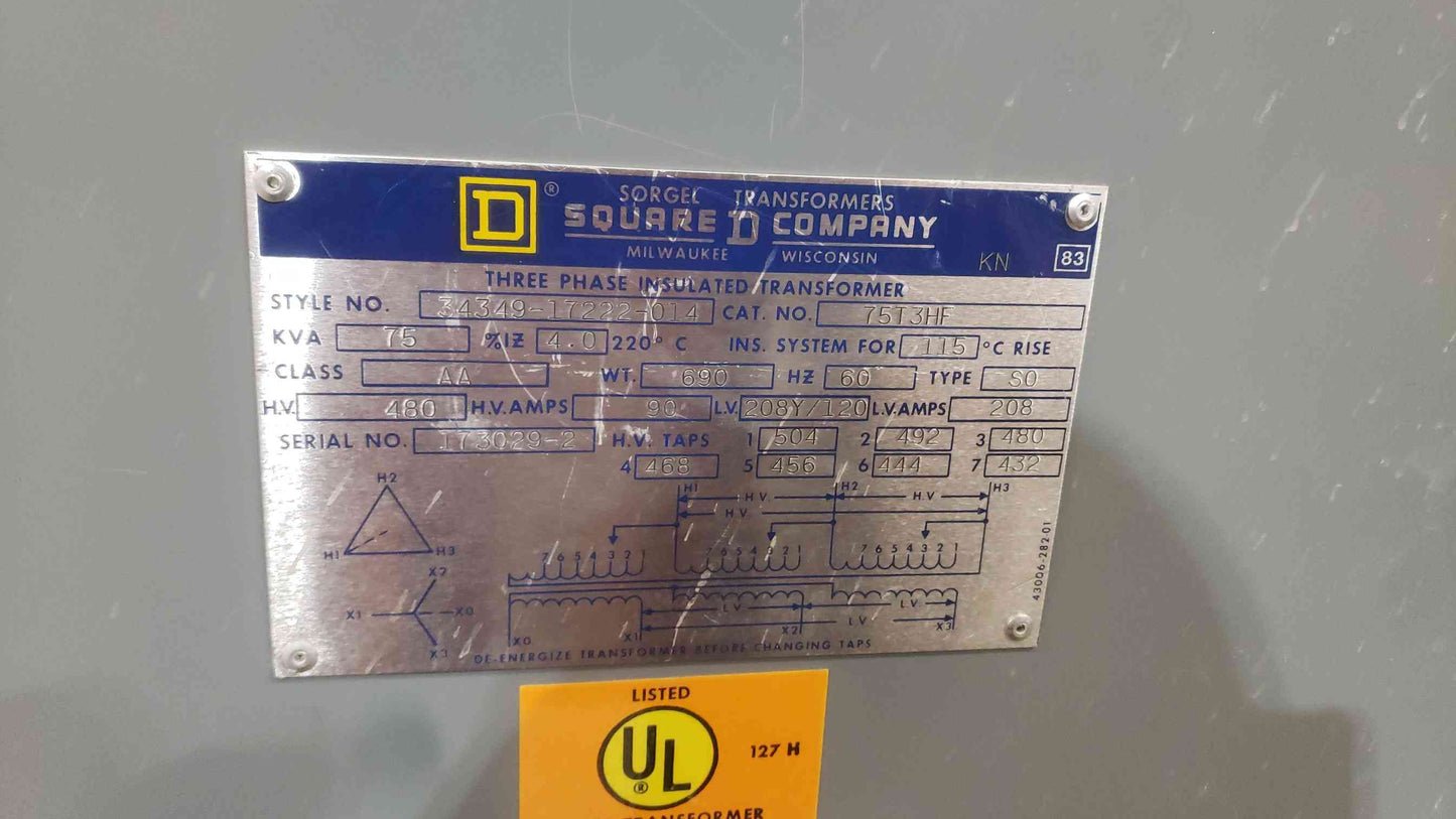 Square D 75KVA 480v 208Y/120v 75T3HF (SKU: 111295)