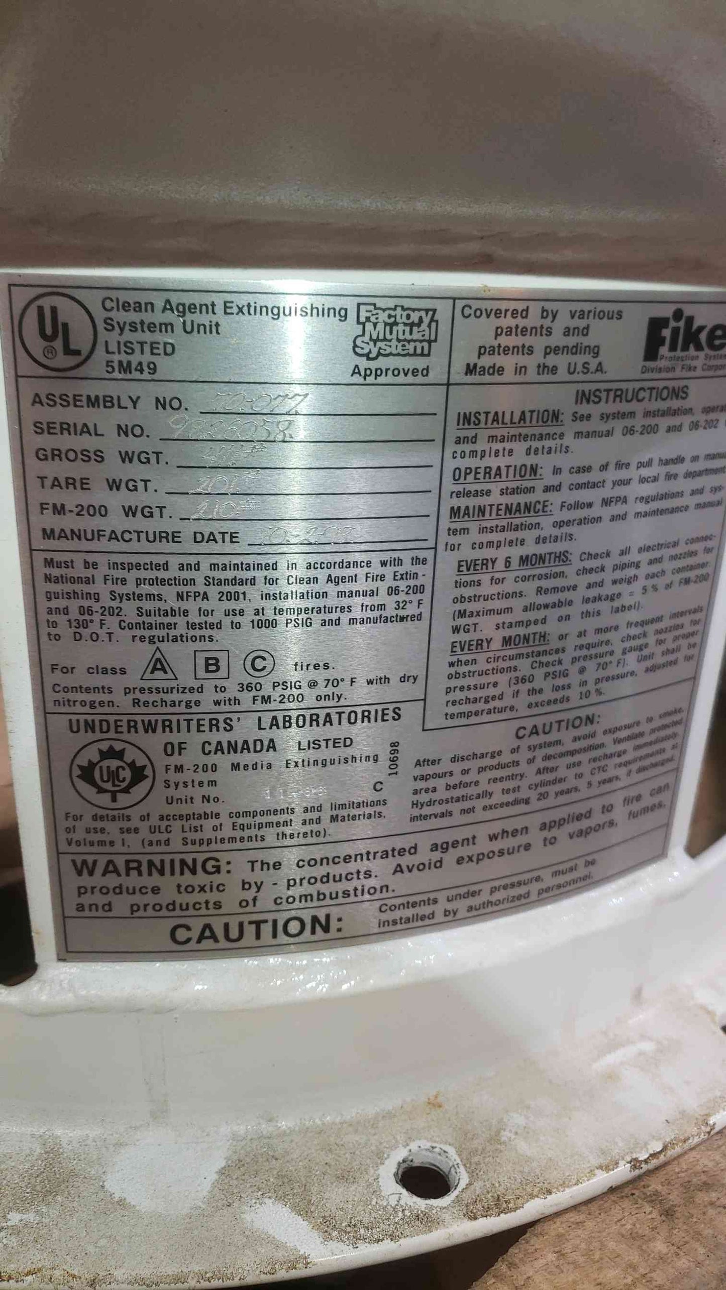 FIKE 210 LBS FM-200 Fire Suppression 70-077 (SKU: 111303)