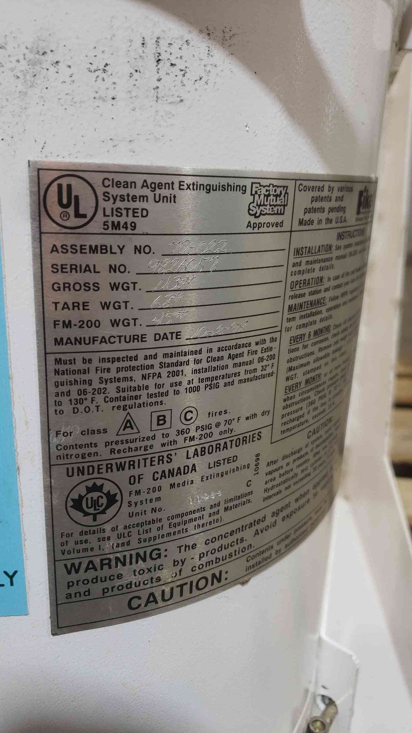 Fike 45 Lbs  FM-200 Fire Suppression 70-022 (SKU: 111304)