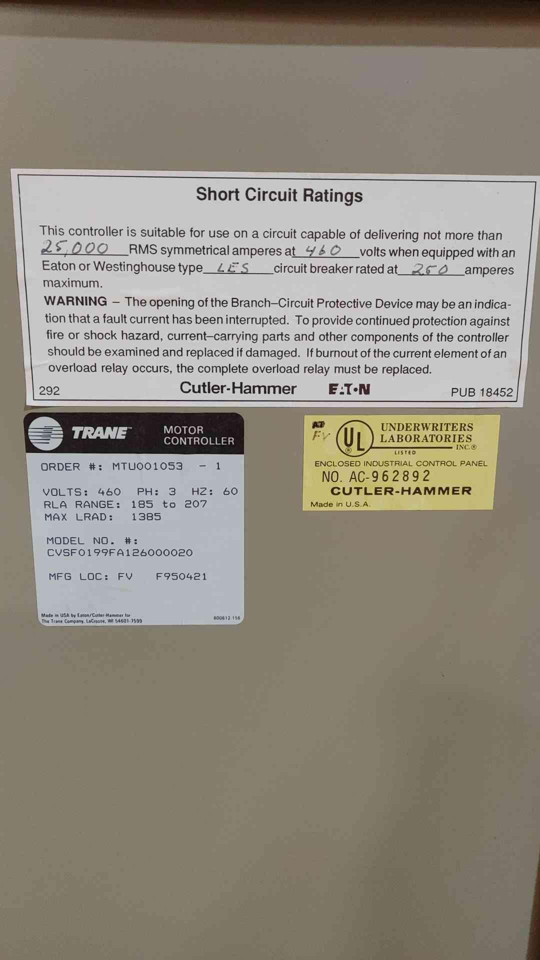 Trane 460V 3PH 250A Motor Control CVSF0199 400A KD35K Breaker & 3 120A CH Contactors (SKU: 111307)