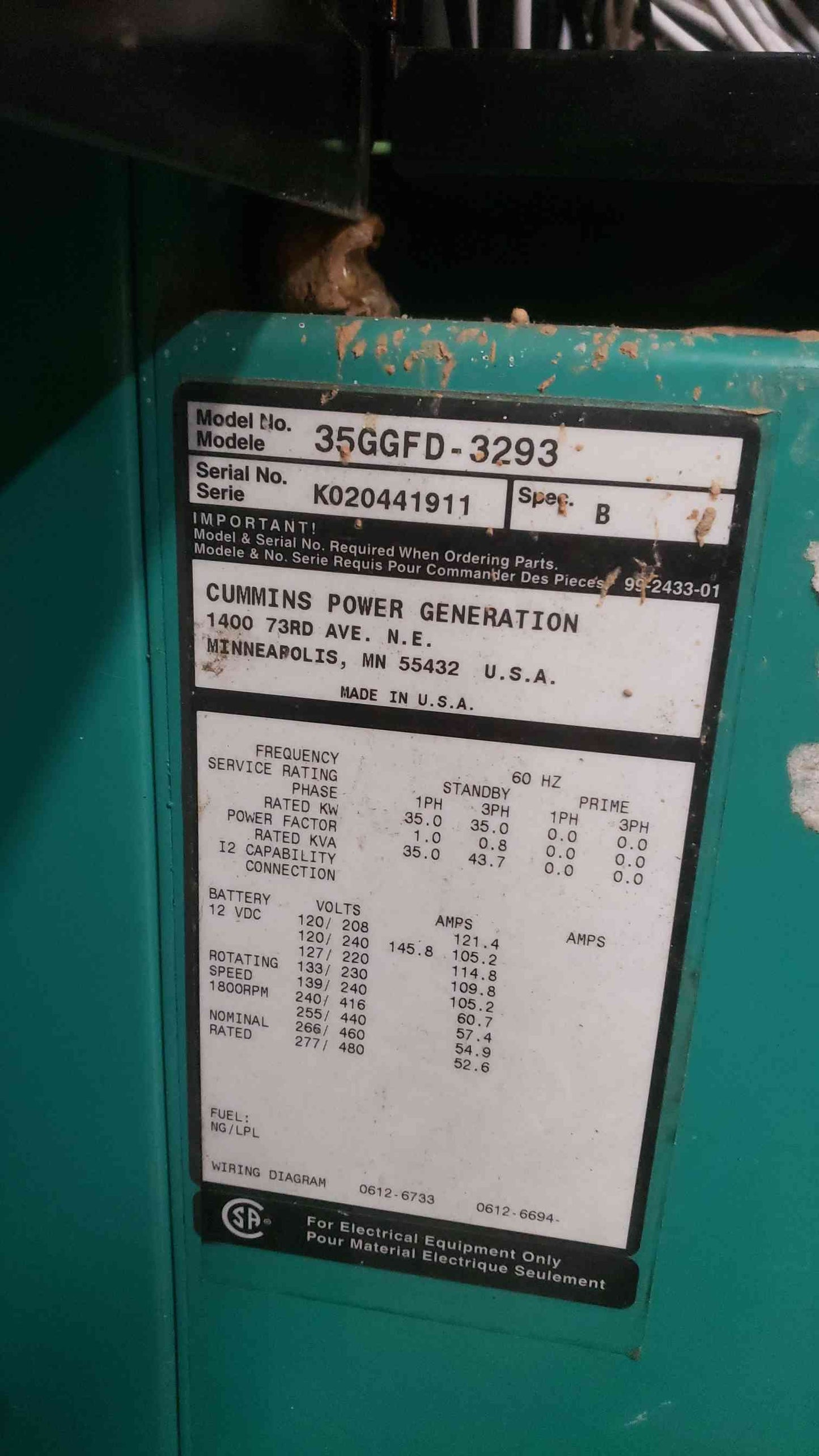 AS IS 35KW Cummins 35GGFD-3293 120/240 145.8/105.2A Multi-Phase NG/LP 879.5 Hrs. (SKU: 111326)