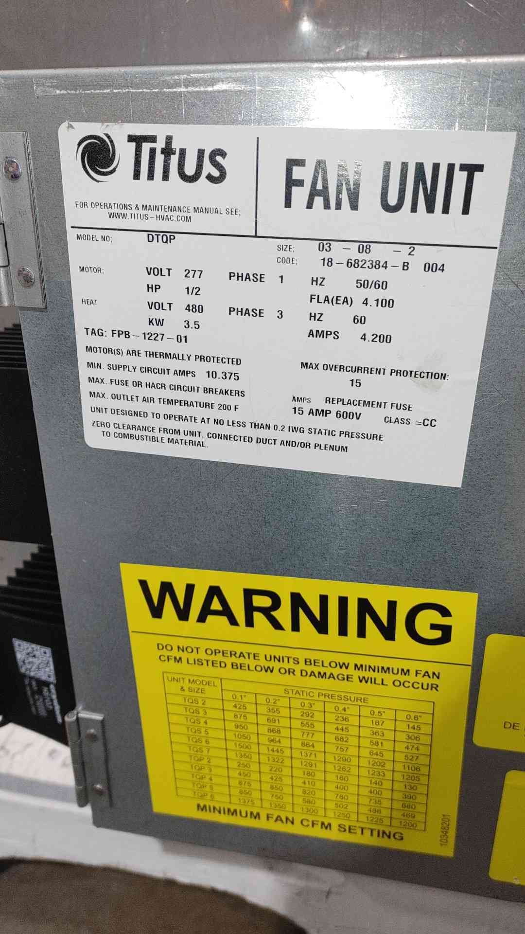 Titus Heating Fan Unit DTQP 480V Multi-Phase 1/2HP (SKU: 111343)