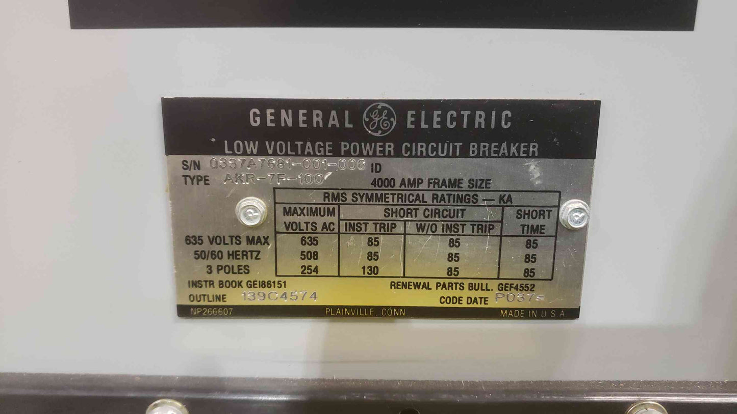 GE 4000A 635V 3 Pole Low Voltage Power Circuit Breaker AKR-7F-100 (SKU: 111354)