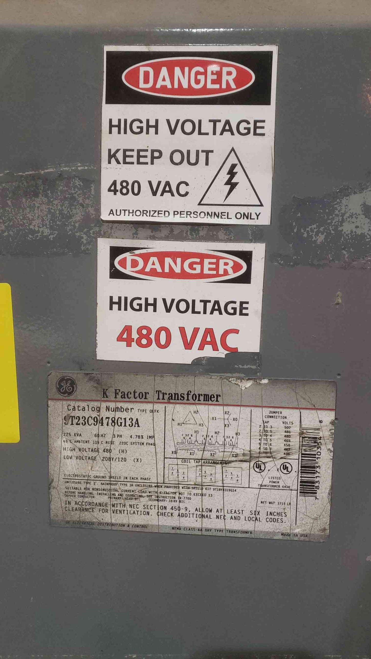 GE 225KVA 3PH 480v x 208/120v Dry Transformer 9T23C9478G13A (SKU: 111374)