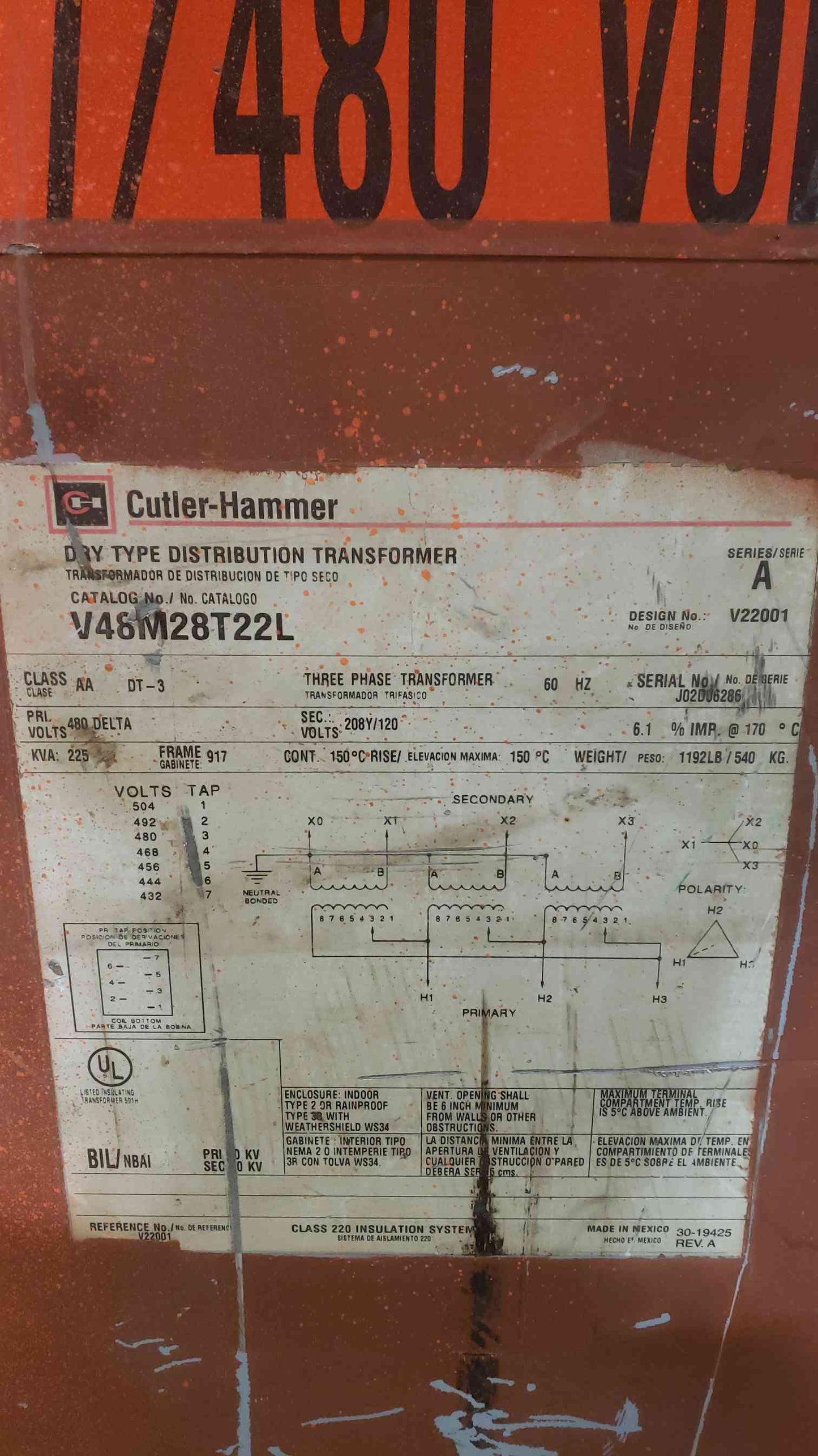 Cutler-Hammer 225KVA 3PH 480v x 208Y/120v Dry Transformer V48M28T22L (SKU: 111375)