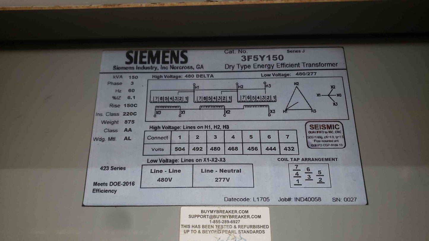 Siemens 150KVA 3PH 480 DELTA- 480/277V Transformer 3F5Y150 (SKU: 111373)