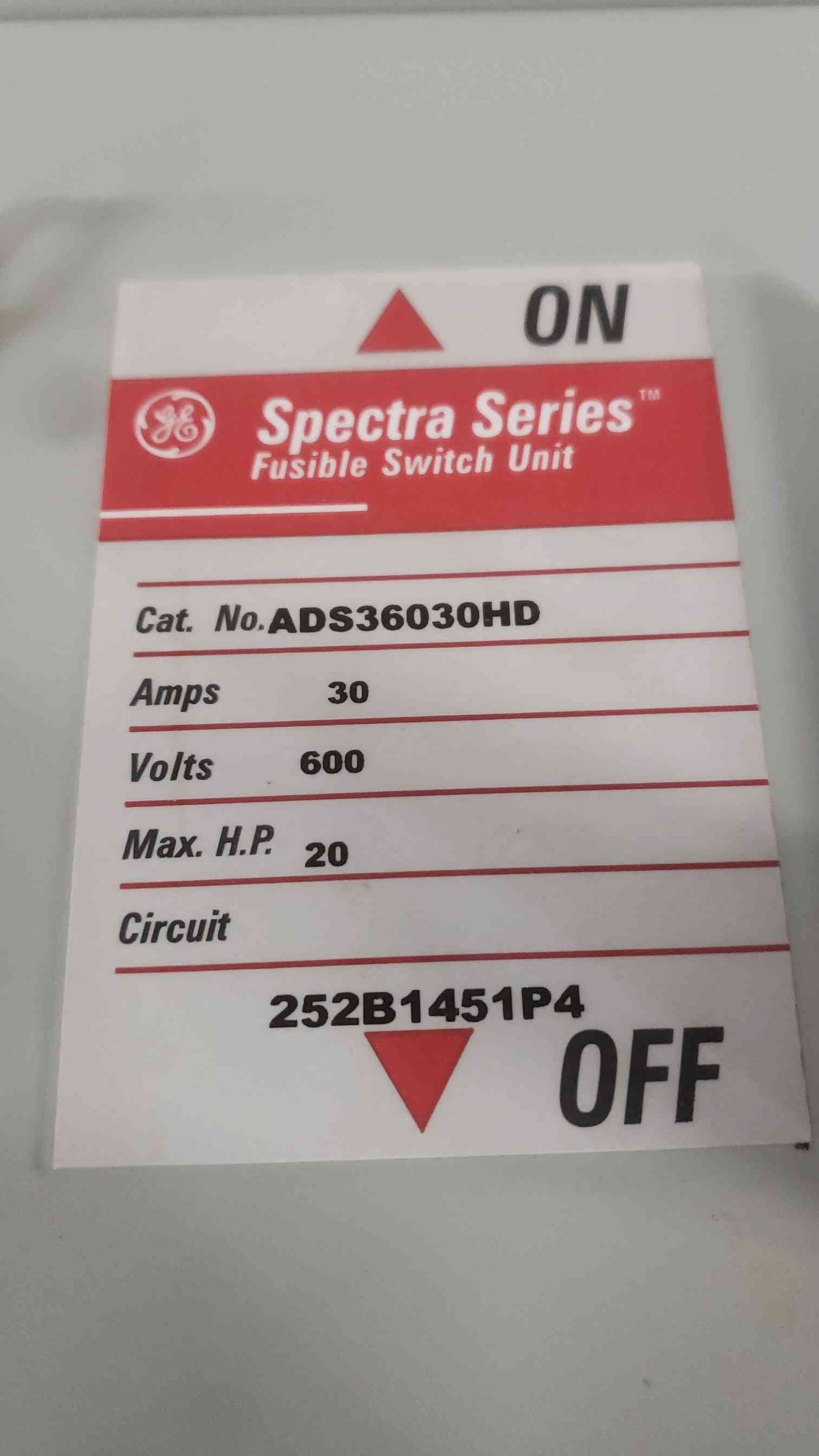 GE SPECTRA SERIES 30A 600V Max HP 20 Fusible Switch ADS36030HD (SKU: 111400)
