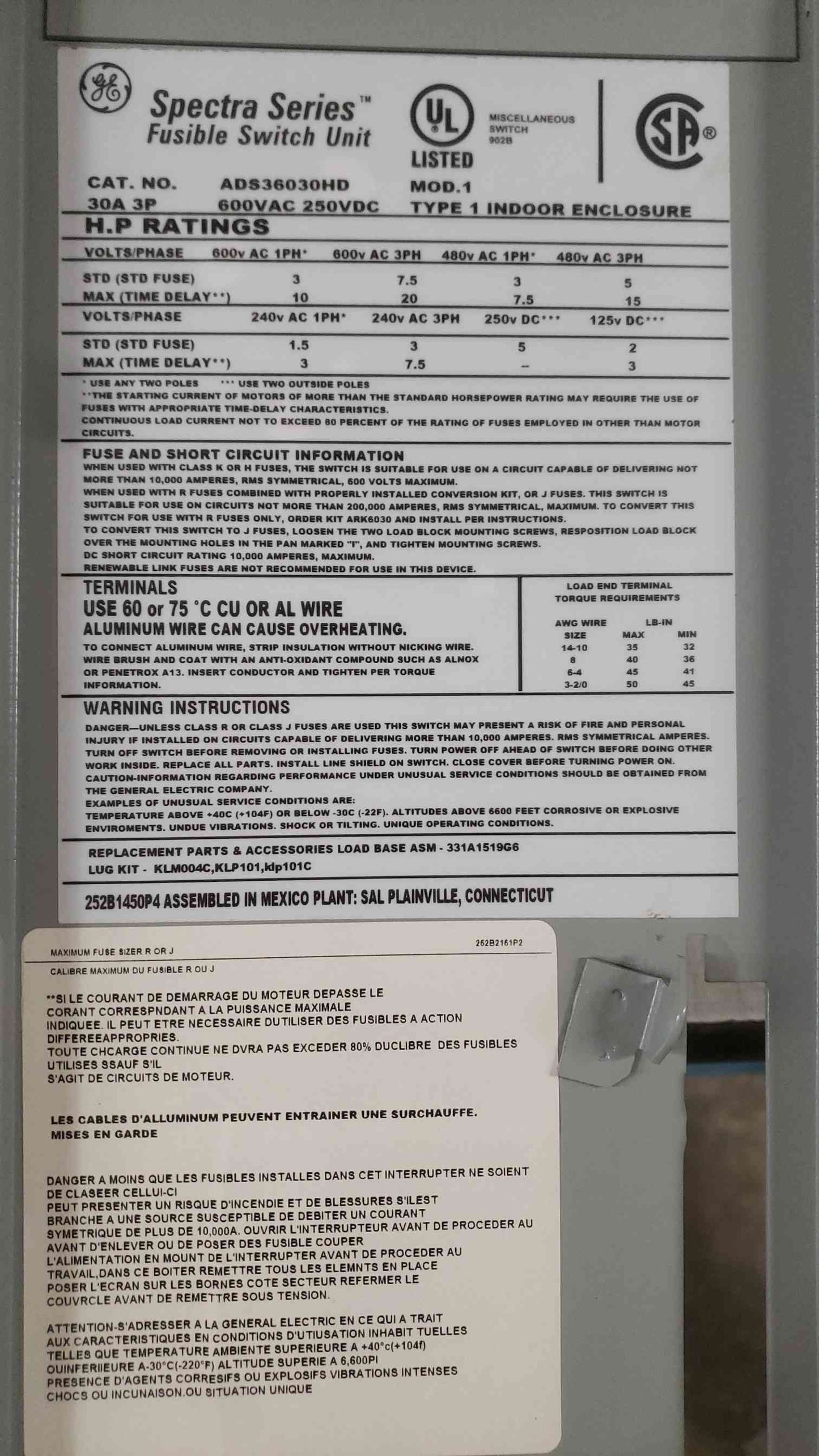 GE SPECTRA SERIES 30A 600V Max HP 20 Fusible Switch ADS36030HD (SKU: 111400)