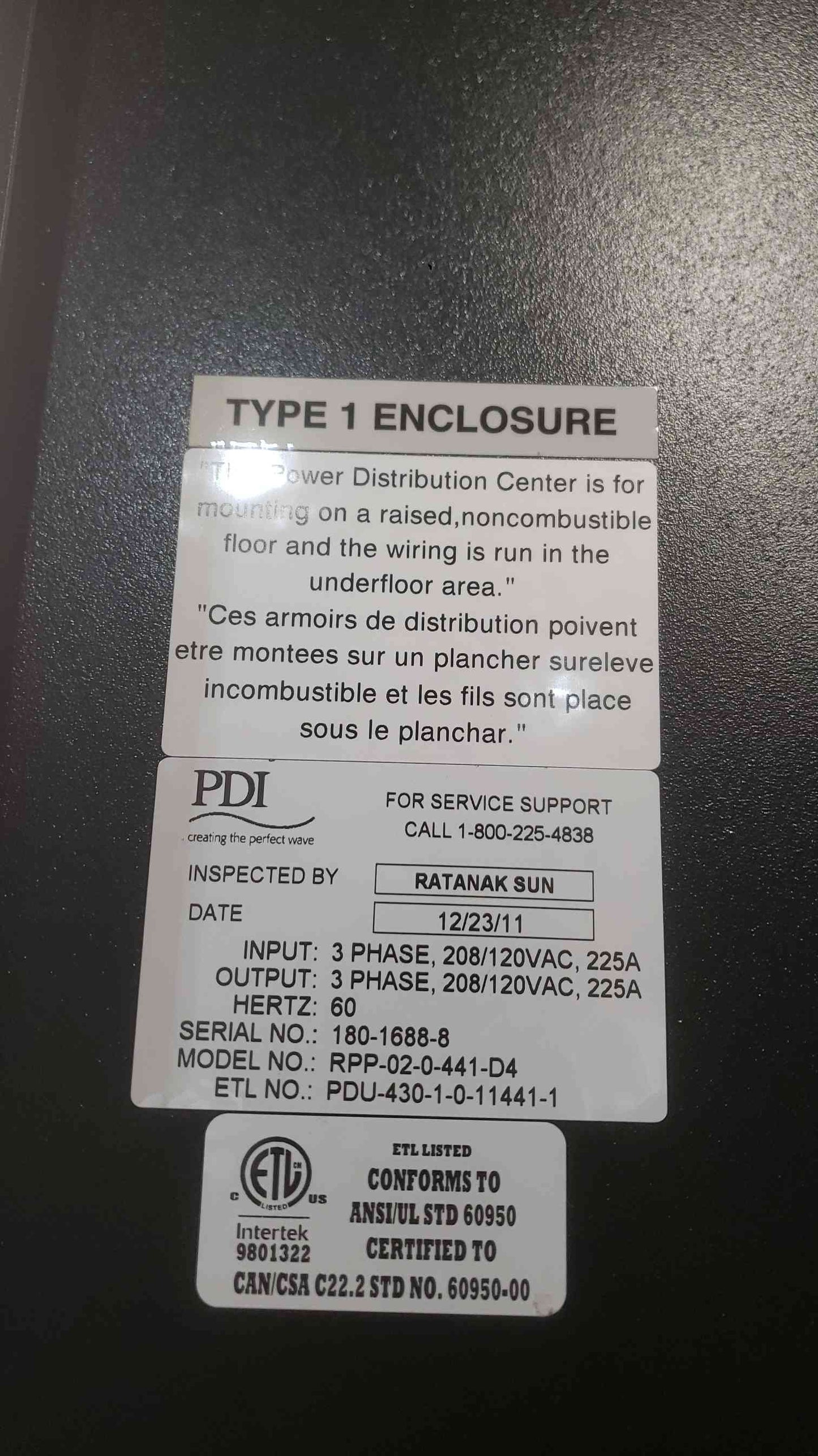 PDI 225A Power Distribution RPP-02-0-441-D4 208v (SKU: 111411)