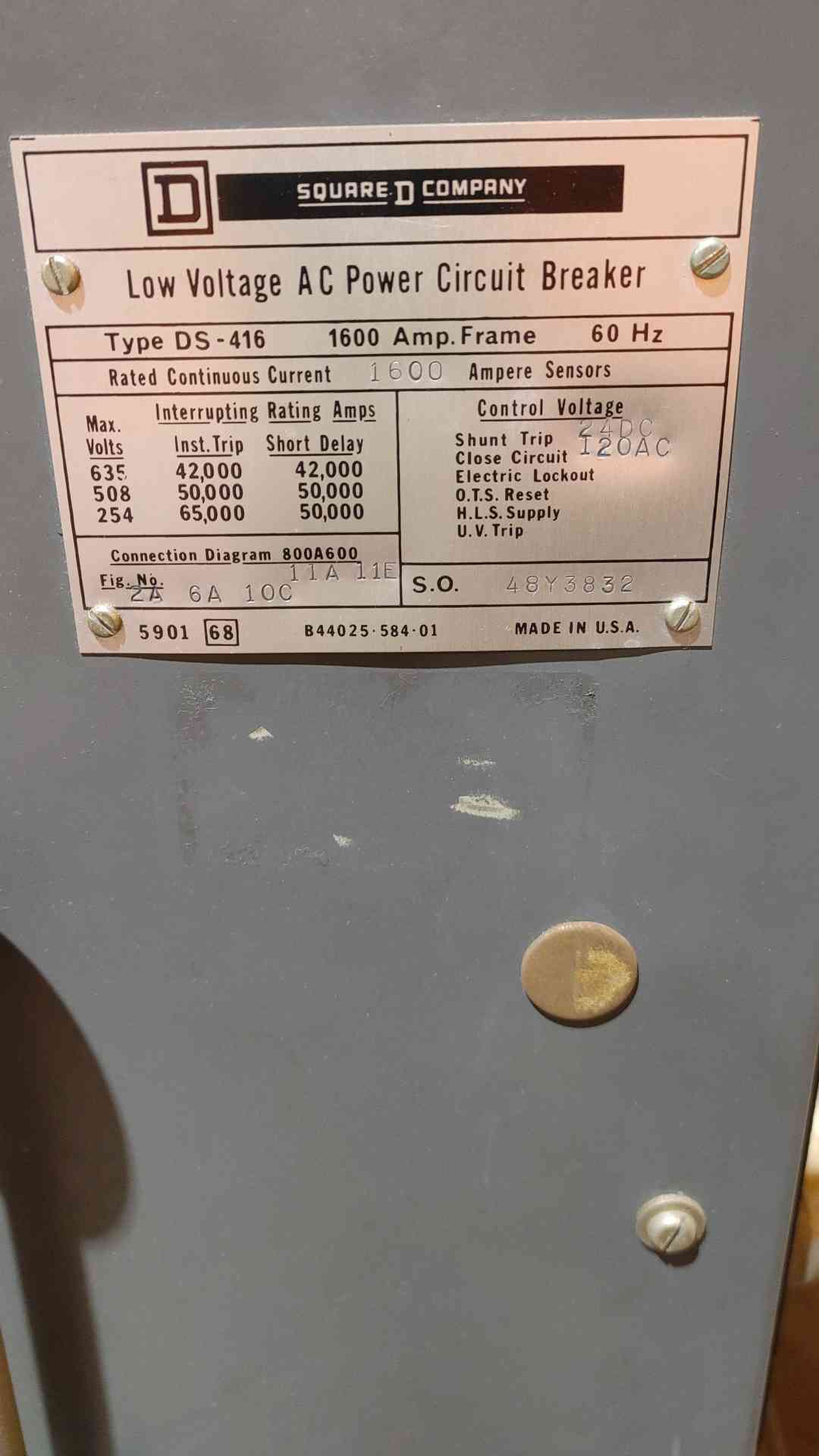 SQUARE D 1600A Frame 60Hz LV AC Power Circuit Breaker DS-416 (SKU: 111418)