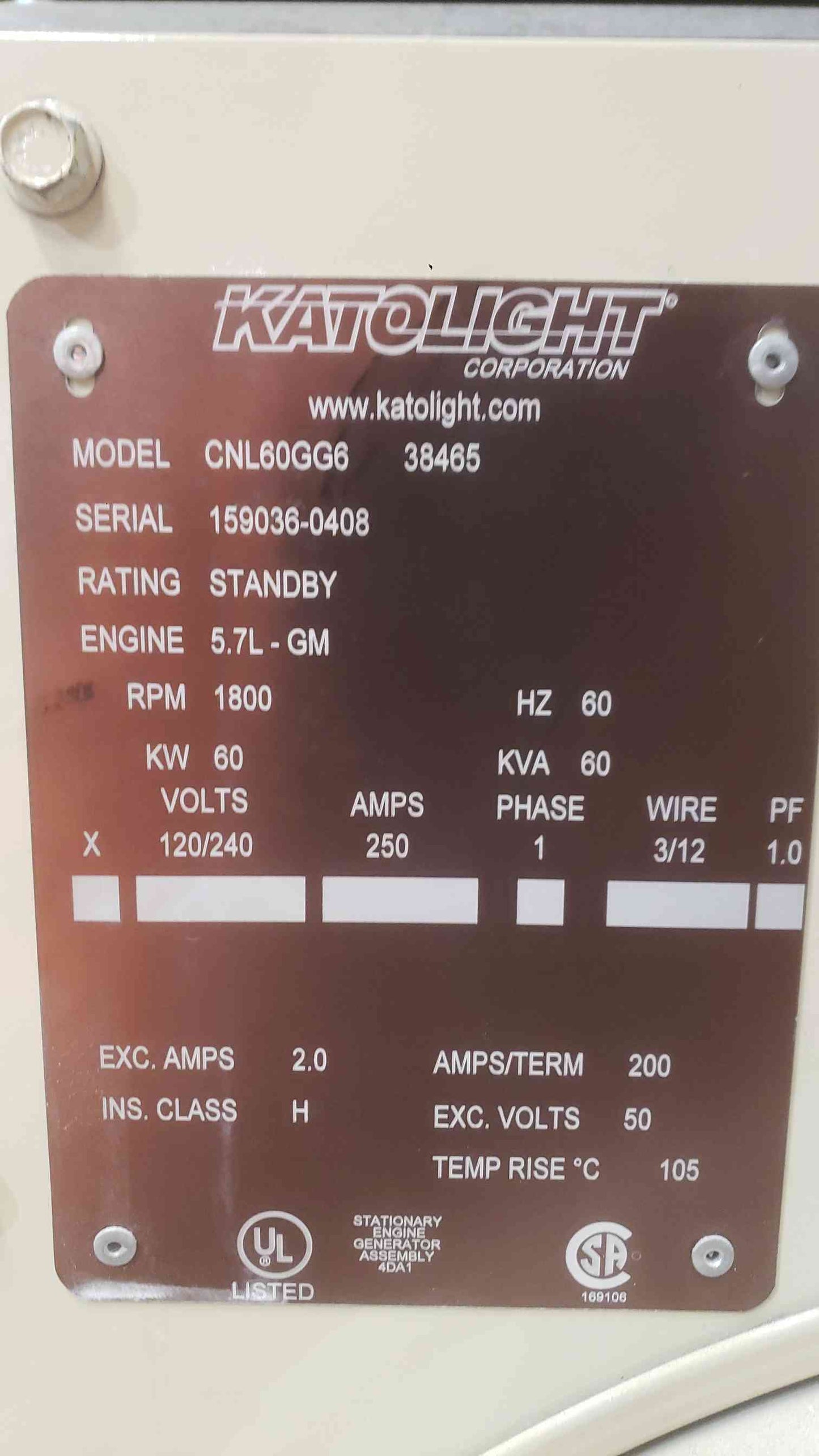 60KW KATOLIGHT 5.7L GM CNL60GG6 1&3PH Nat Gas LP 250Hrs TESTED (SKU: 111427)