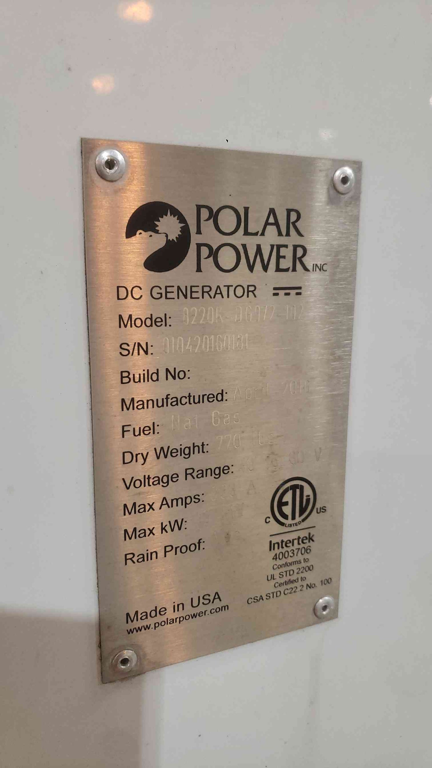 12KW Polar Power 8220K-DG972-102 233A 40-60V Nat Gas 81 Hrs. (SKU: 111461)