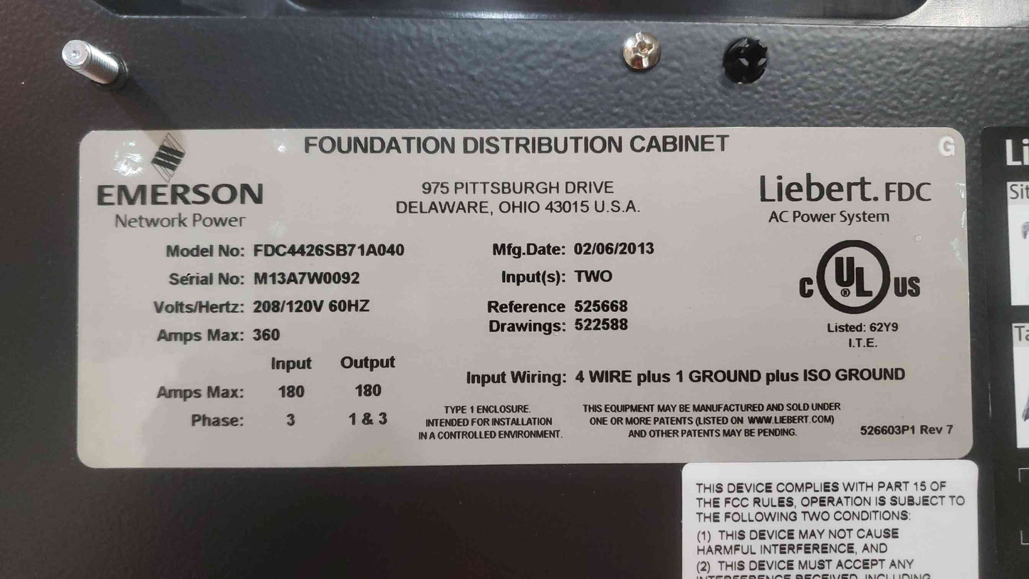 Vertiv 360V 208Y/120 Multi-Phase Distribution Cabinet FDC4426SB71A040 RPP