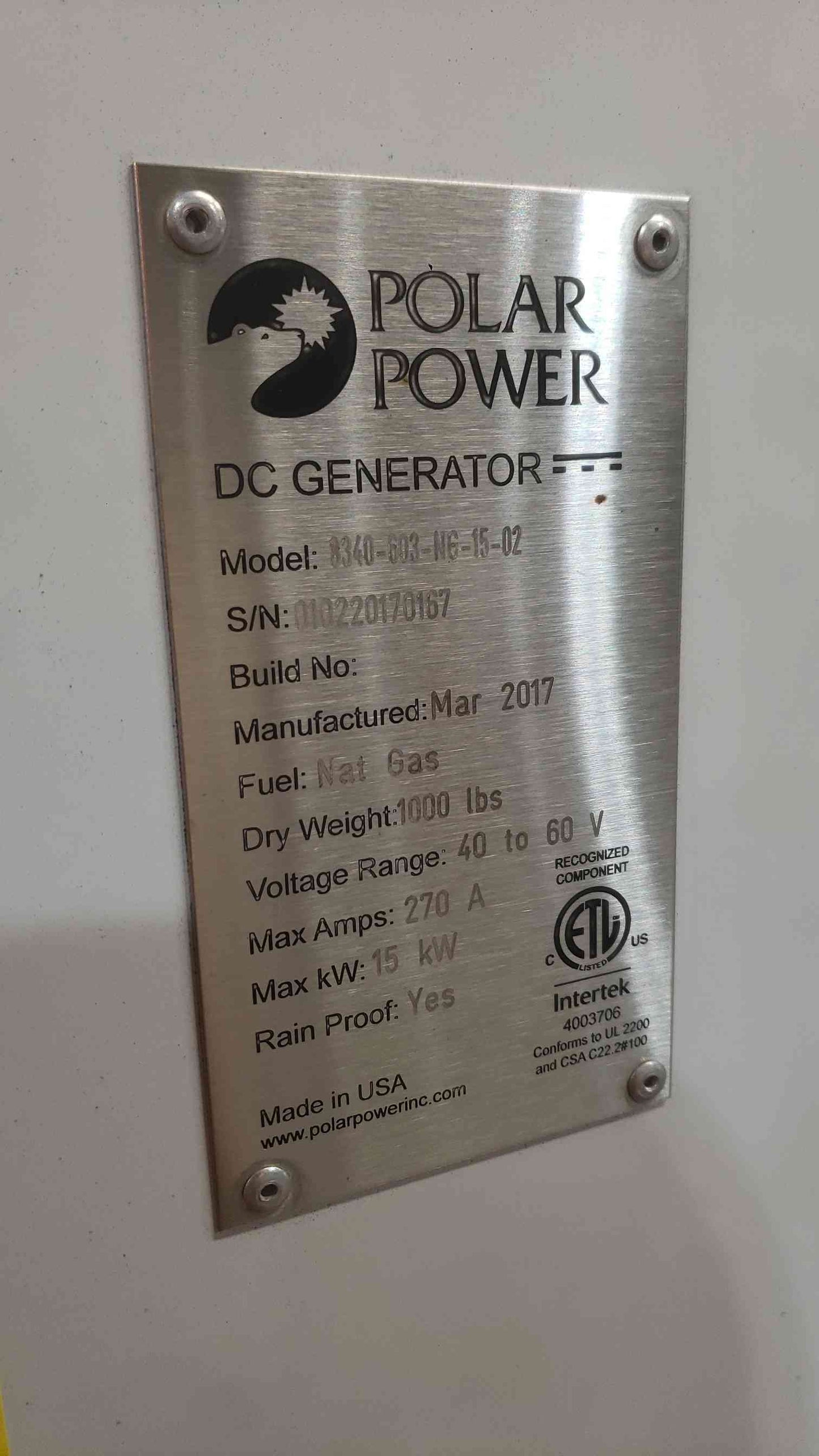 15KW Polar Power 8340-603-NG-15-02 40-60V 270A Nat Gas 2 Hrs. (SKU: 111463)