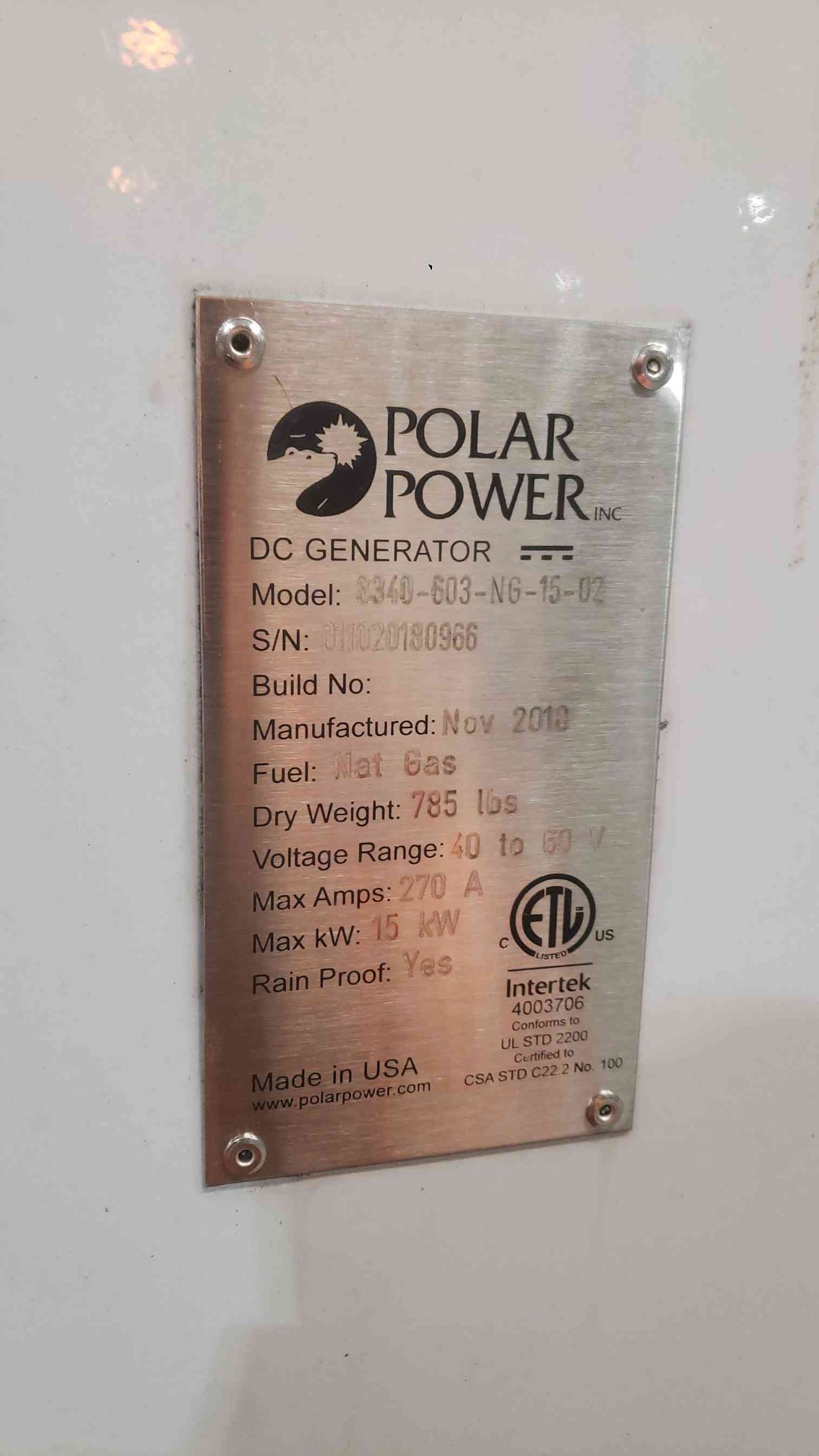 15KW Polar Power 8340-603-NG-15-02 270A Nat Gas 2Hrs. (SKU: 111456)