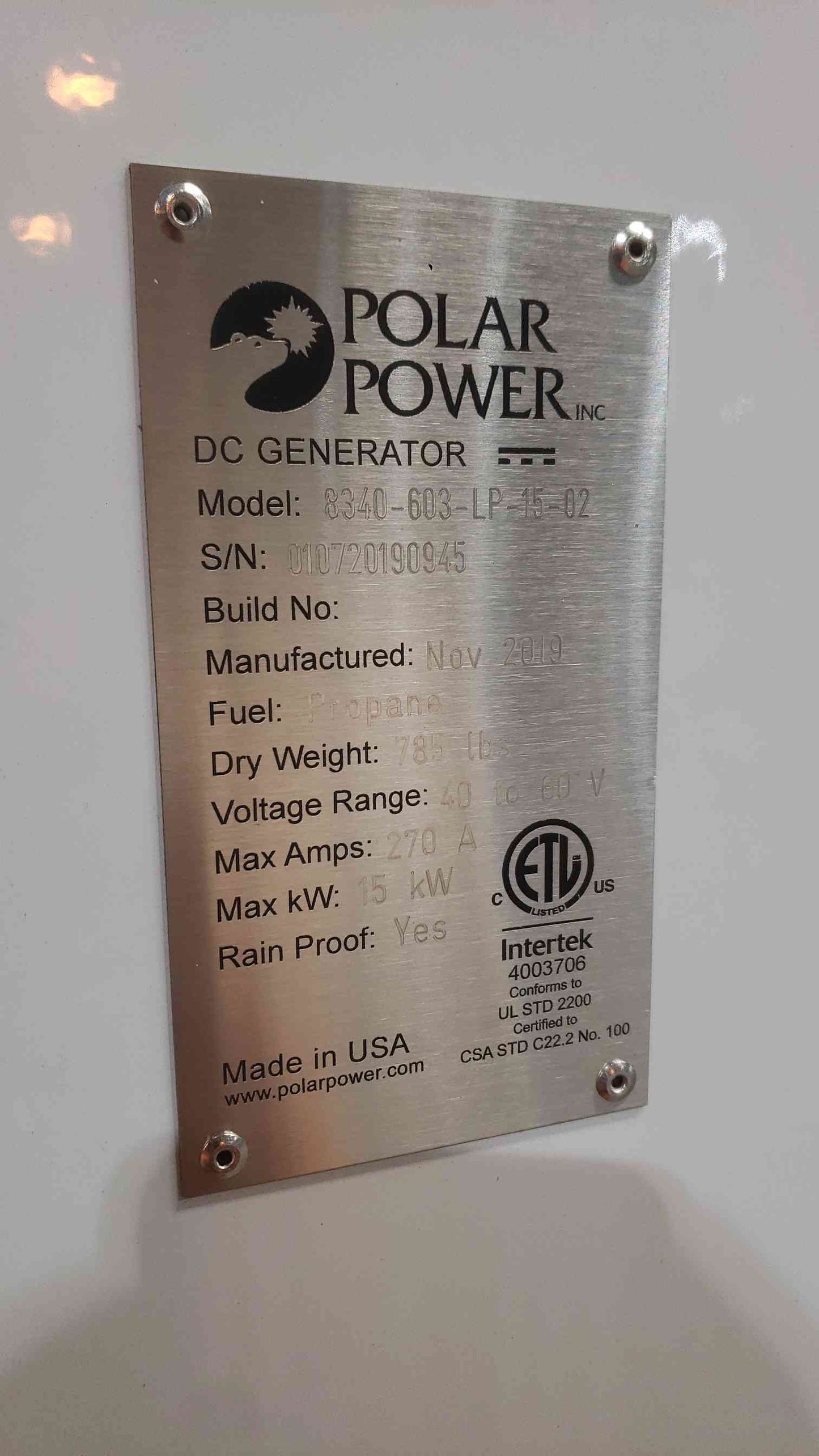 15KW Polar Power 8340-603-LP-15-02 270A 40-60V Nat Gas 71Hrs. (SKU: 111459)
