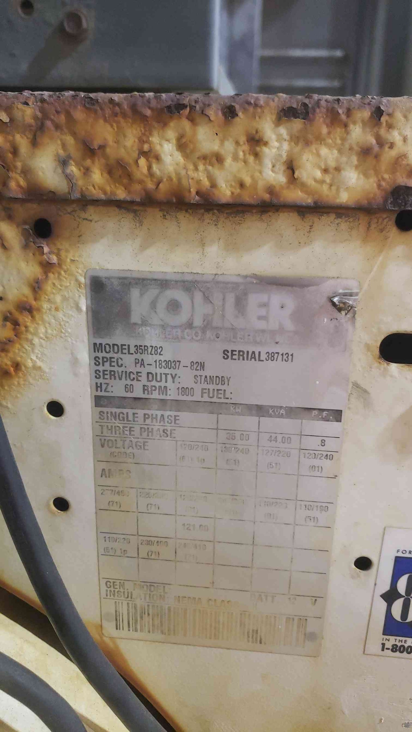 35KW KOHLER Ford 1&3PH Nat Gas LP Generator 614Hrs 35RZ82(SKU: 111464)
