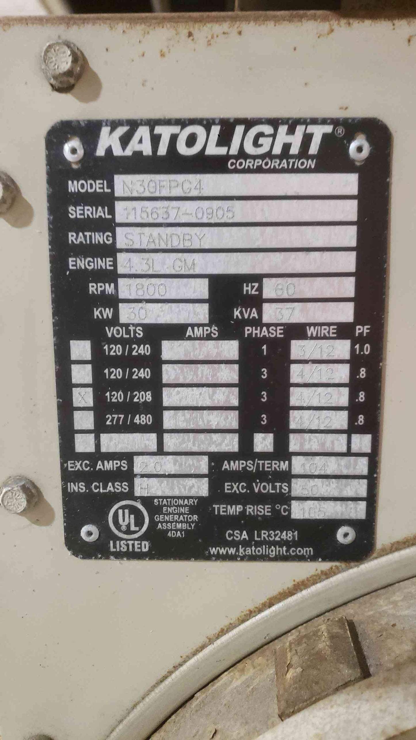 30KW KATOLIGHT 3PH Nat Gas LP Generator N30FPG4 312Hrs (SKU: 111465)