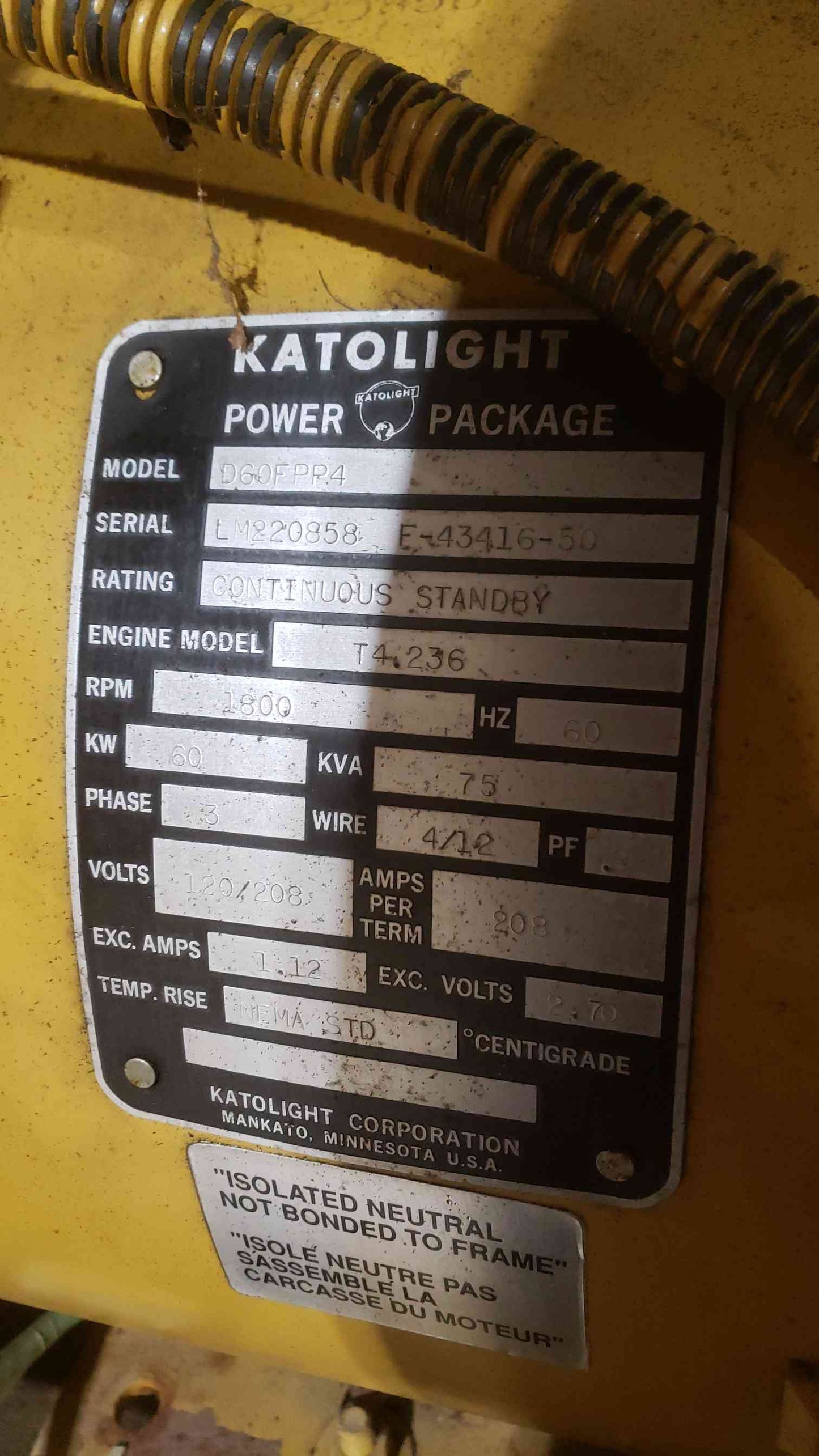 60KW KATOLIGHT Perkins 1&3PH Diesel Generator D60FPP4 505Hrs (SKU: 111466)