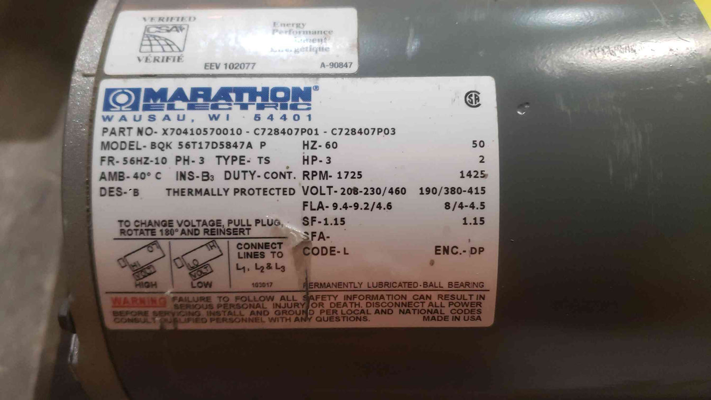 Marathon Electric 3HP 208-230/460 3PH Motor BQK 56T17D5847A P (SKU: 111484)