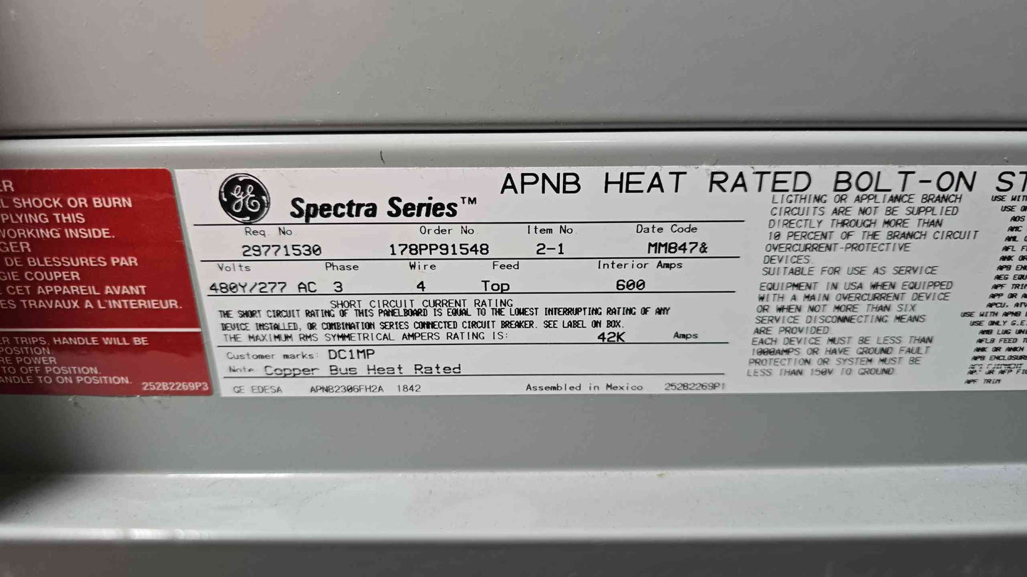 600A GE Spectra Series Panelboard 480/277V 3PH 8 Distribution Breakers Record Plus