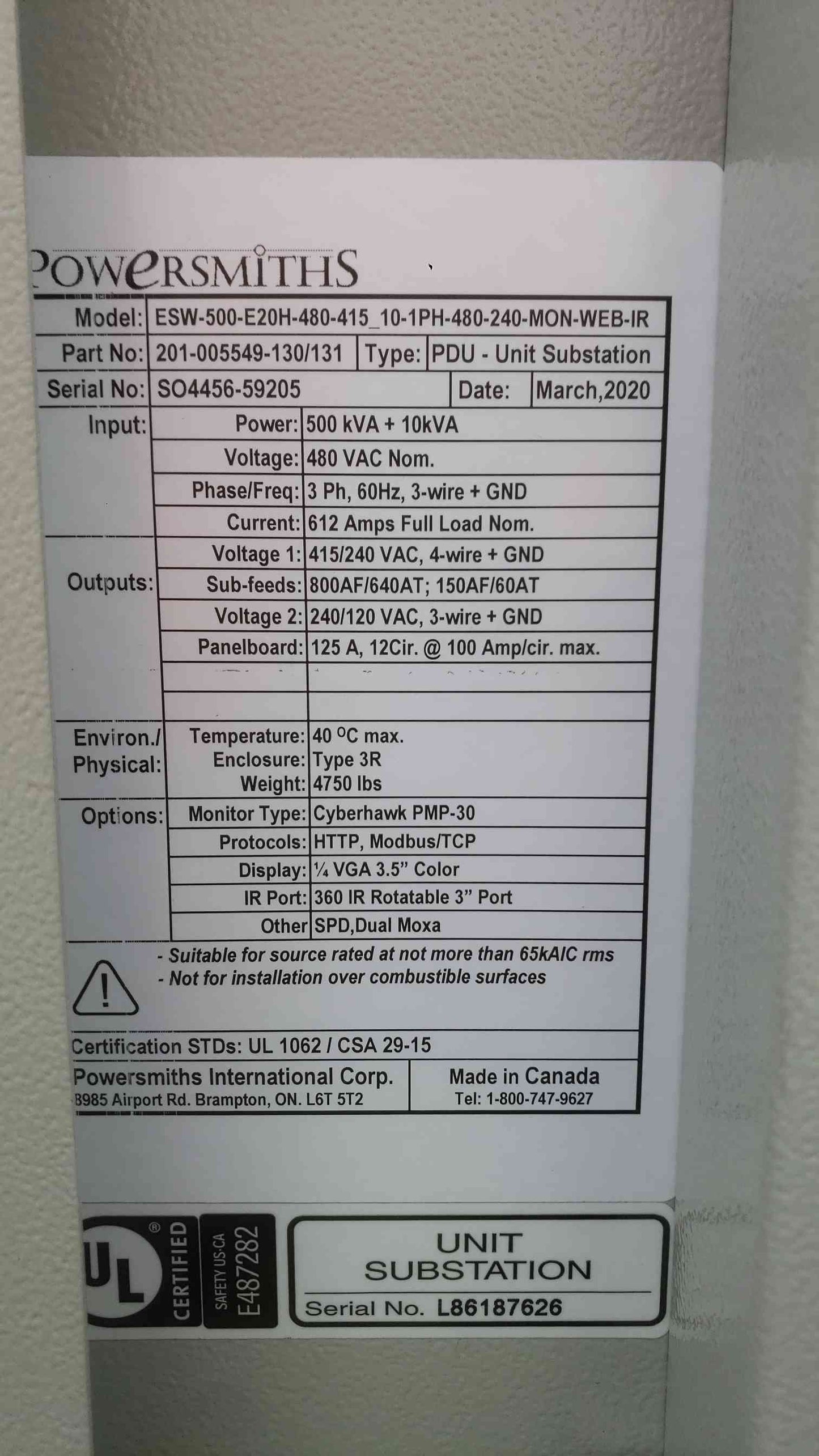 Powersmiths 500KVA 480v x 240/120v Crypto Outdoor Substation Transformer ESW-500-E20H-480-415_10-1PH-480-240-MON-WEB-IR (SKU: 111663)
