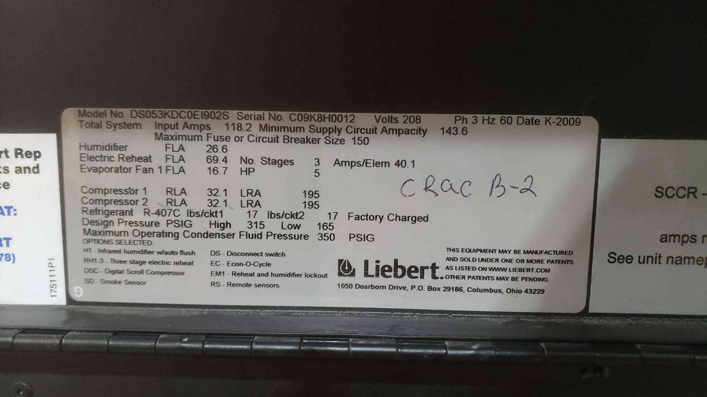 Liebert 208V 15 Ton 3PH CRAC Unit DS053KDC0EI902S (SKU: 111778)