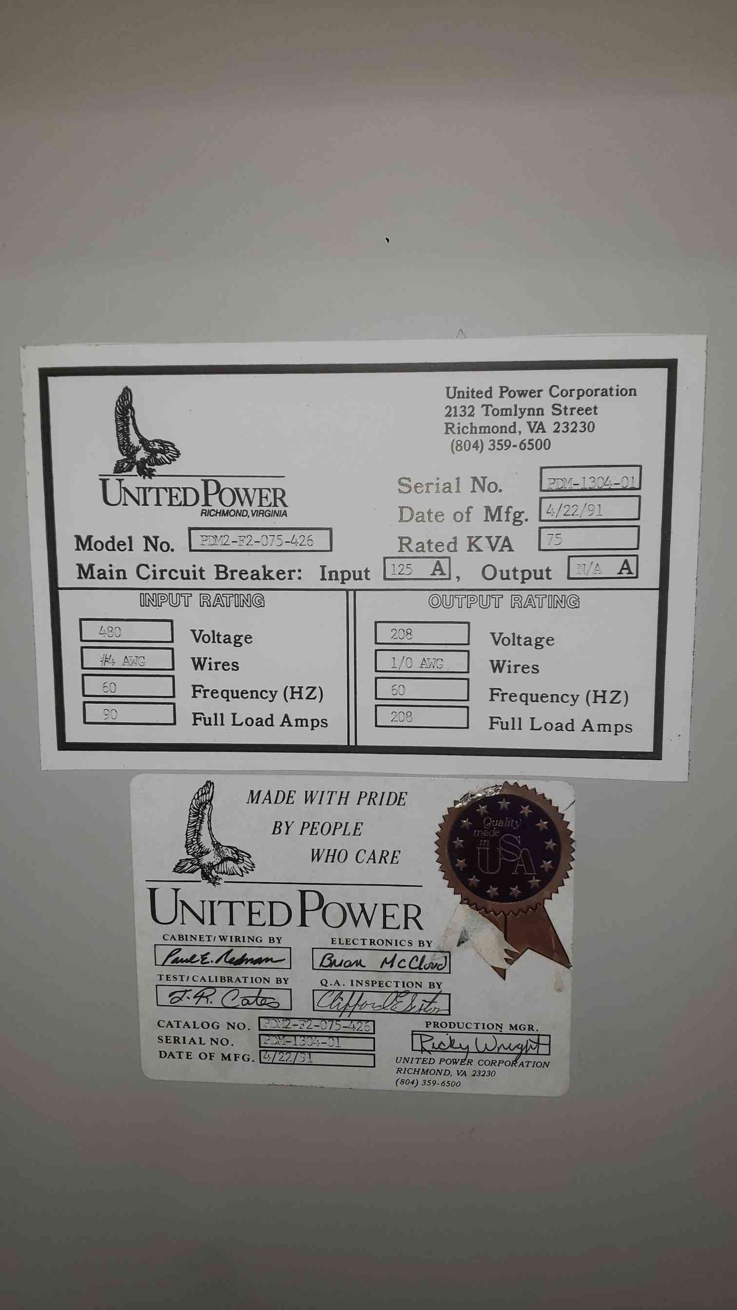 United Power 75KVA 480v x 208V PDU PDM2-F2-075-426 (SKU: 111780)
