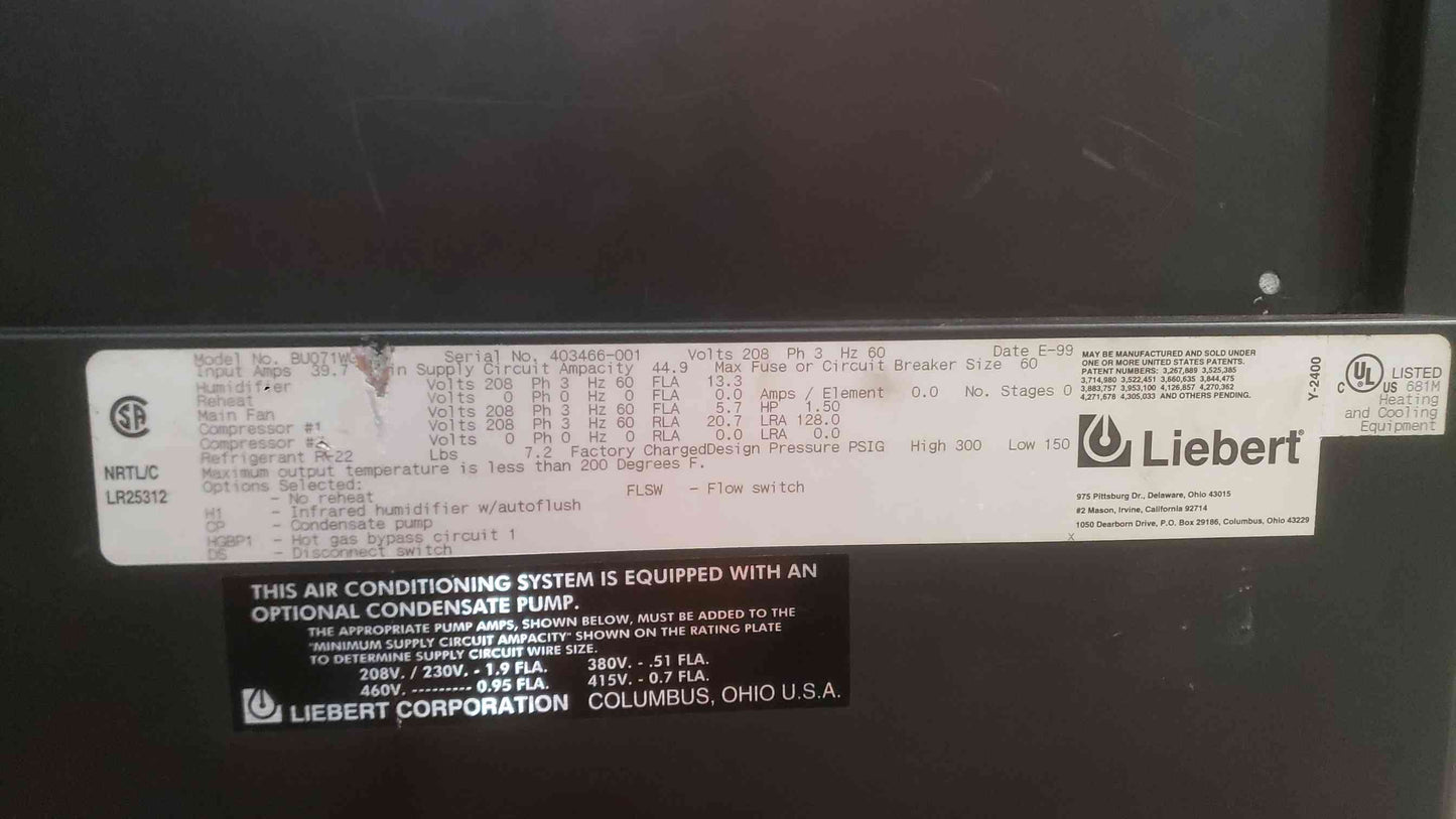 Liebert Challenger 3000 208V 3PH 5 Tons Crac Unit BU071WG Upflow (SKU: 111796)