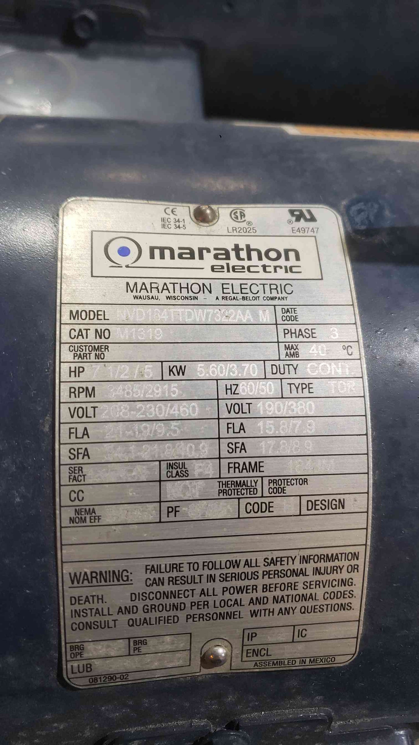 Marathon 7.5HP 208-230/460 3PH Motor & Pump NVD184TTDW7322AA M (SKU: 111921)