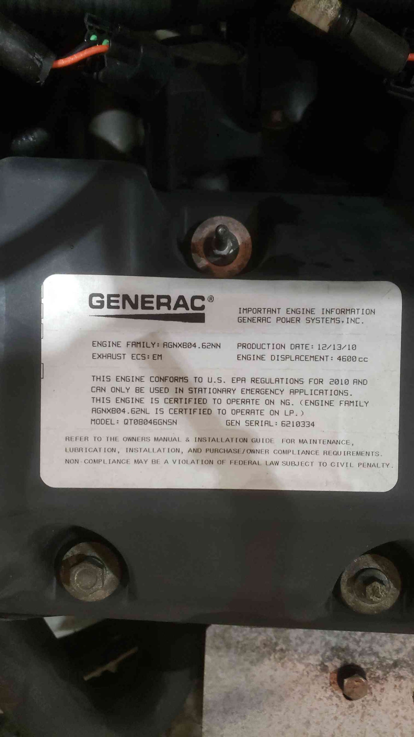 80KW Generac QT080460NSN 120/208 275A 3PH LP Nat Gas 0.2 Hrs '10 TESTED (SKU: 111910)