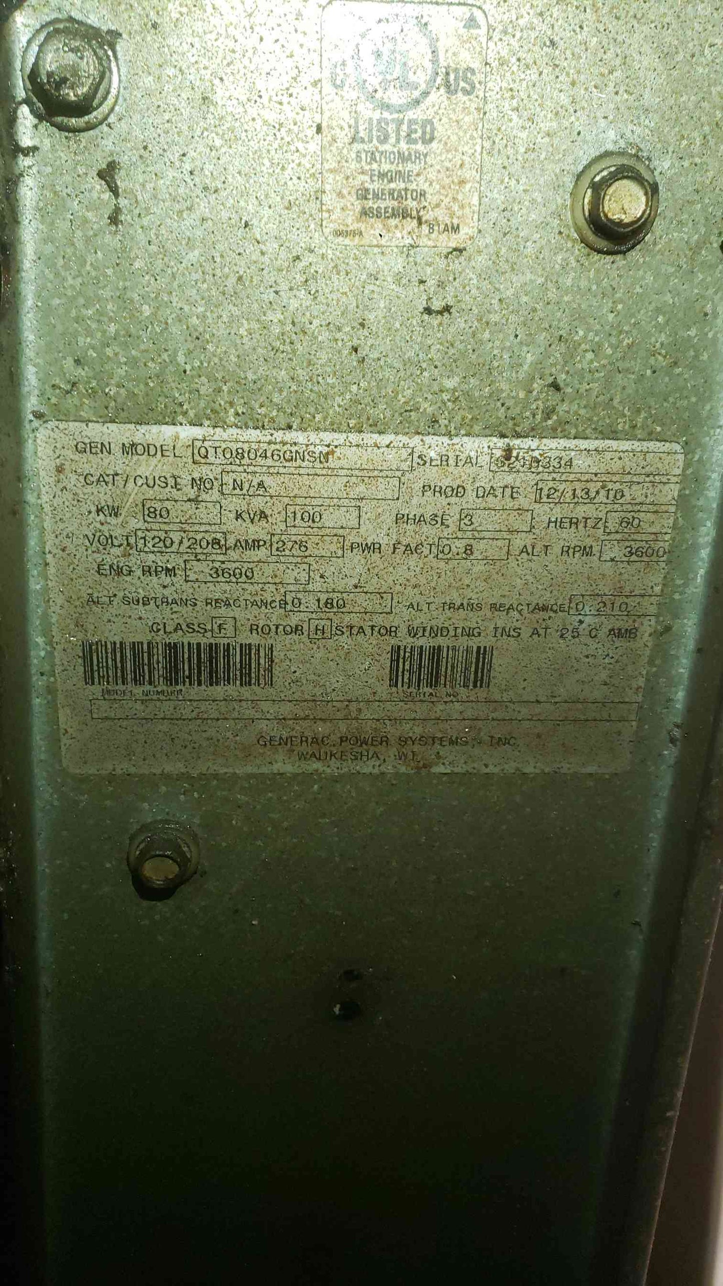 80KW Generac QT080460NSN 120/208 275A 3PH LP Nat Gas 0.2 Hrs '10 TESTED (SKU: 111910)