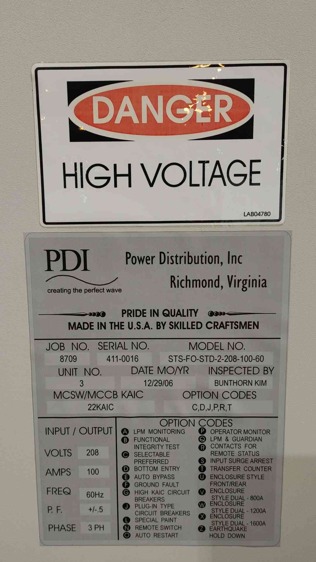 PDI PDU STS 100A 208V 3PH STS-FO-STD-2-208-100-60(SKU: 111971)