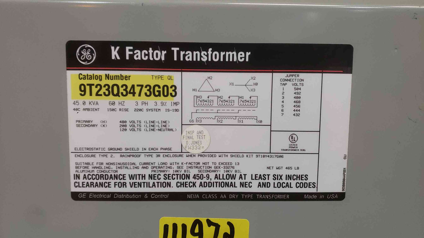 45KVA GE 480v x 208/120v 3PH Transformer 9T23Q3473G03 (SKU: 111972)