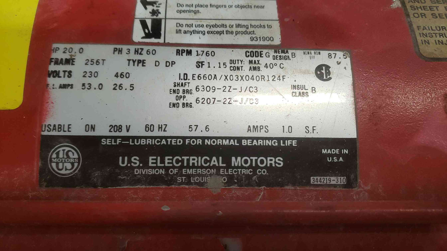 20HP US Electrical Motors 230/460 3PH Motor E660A/X03X040R124F (SKU: 111992)