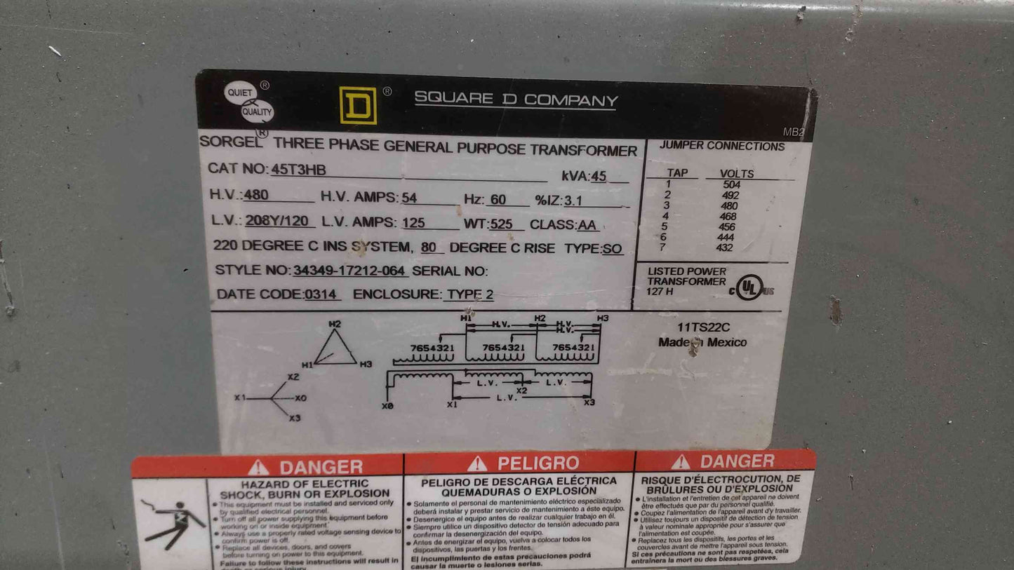 45KVA Square D 480v x 208Y/120 3PH Transformer 45T3HB (SKU: 111987)