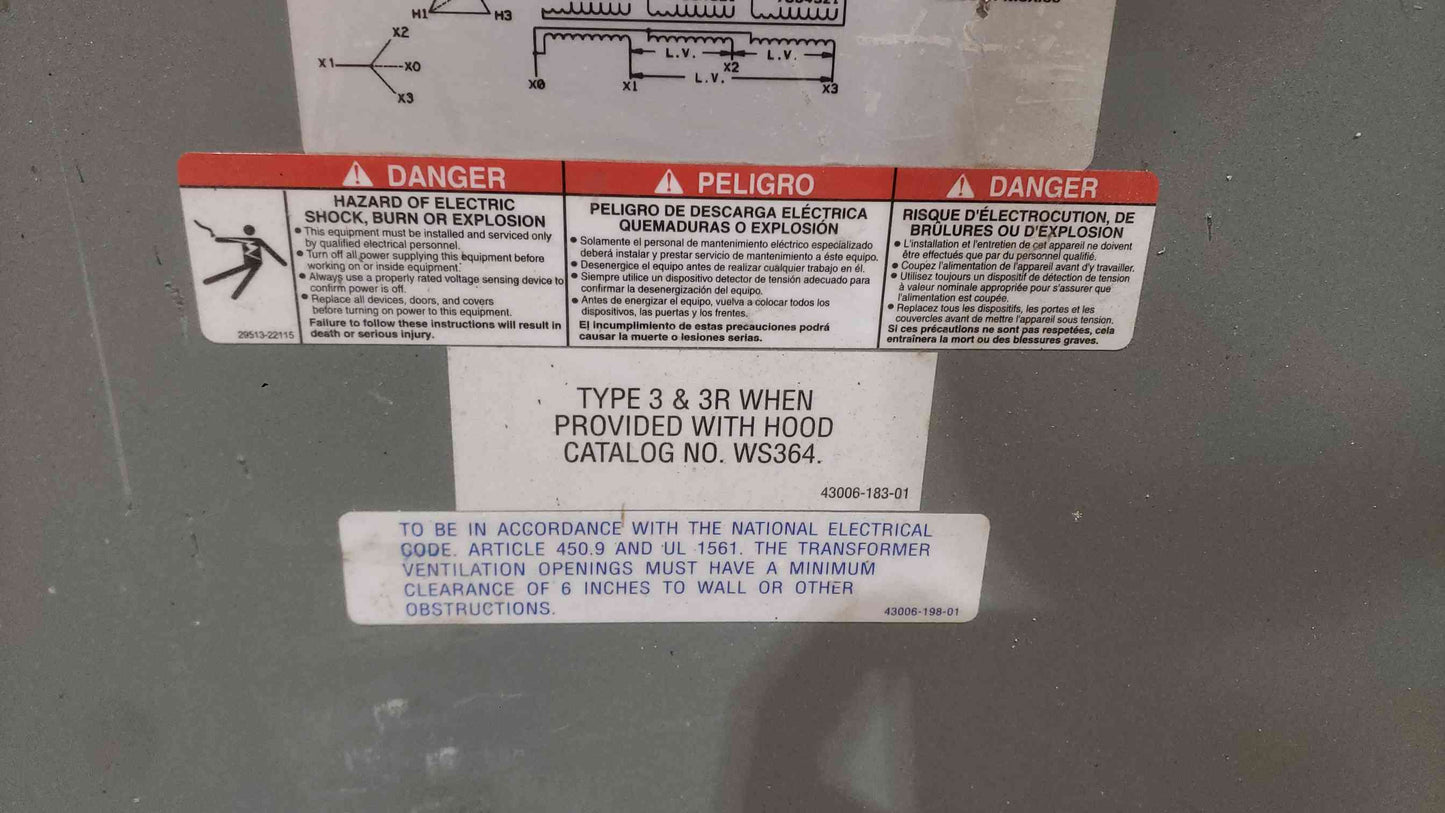 45KVA Square D 480v x 208Y/120 3PH Transformer 45T3HB (SKU: 111987)