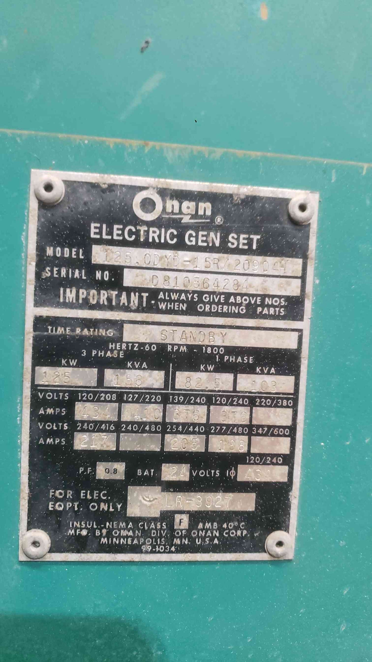 125KW Onan Diesel Generator 125.ODYD-15R/20904H 1&3PH Diesel 819 Hrs. TESTED(SKU: 112048)
